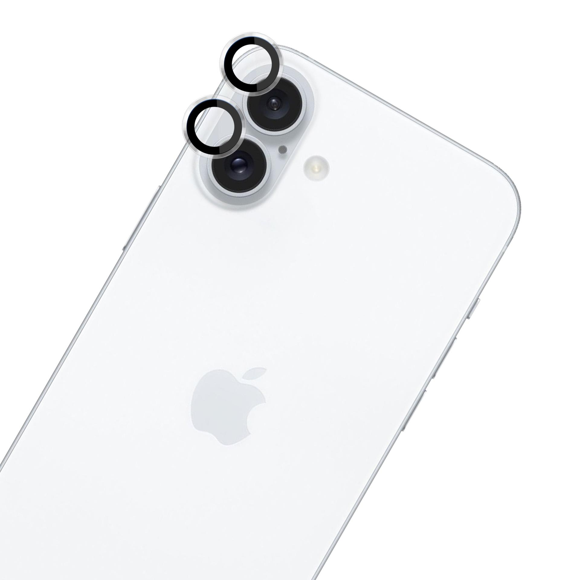 Biały tył smartfona z trzema obiektywami aparatu i logo Apple. Ochronne pierścienie wokół obiektywów.