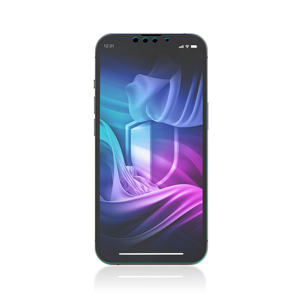 Smartphone con schermo che mostra uno scudo e tessuto drappeggiato in blu e viola.