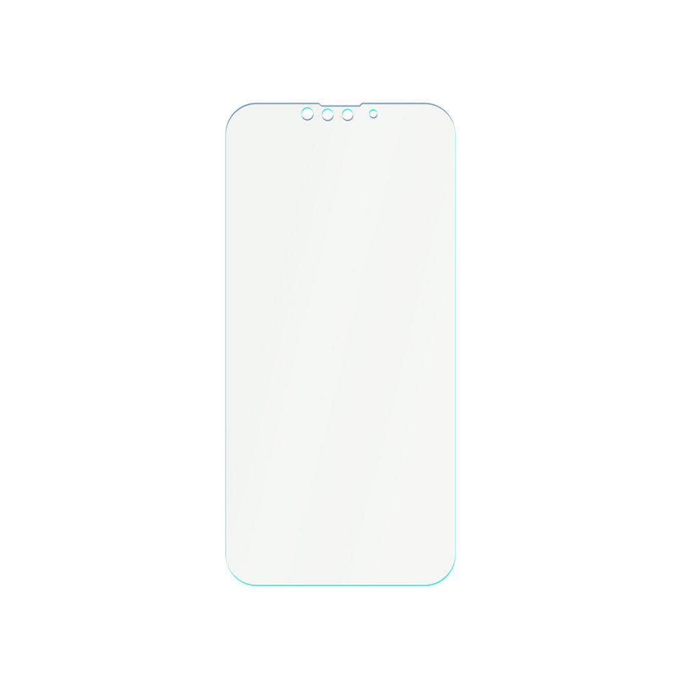 Una protezione per lo schermo di un telefono. È rettangolare con angoli arrotondati e tre piccoli cerchi sul bordo superiore.