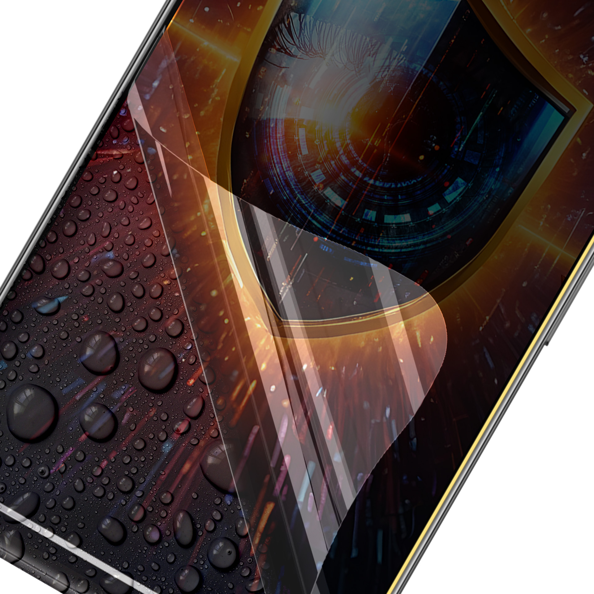 Uno schermo di smartphone con gocce d'acqua. Lo schermo mostra un occhio e un design digitale. C'è uno strato protettivo sullo schermo.