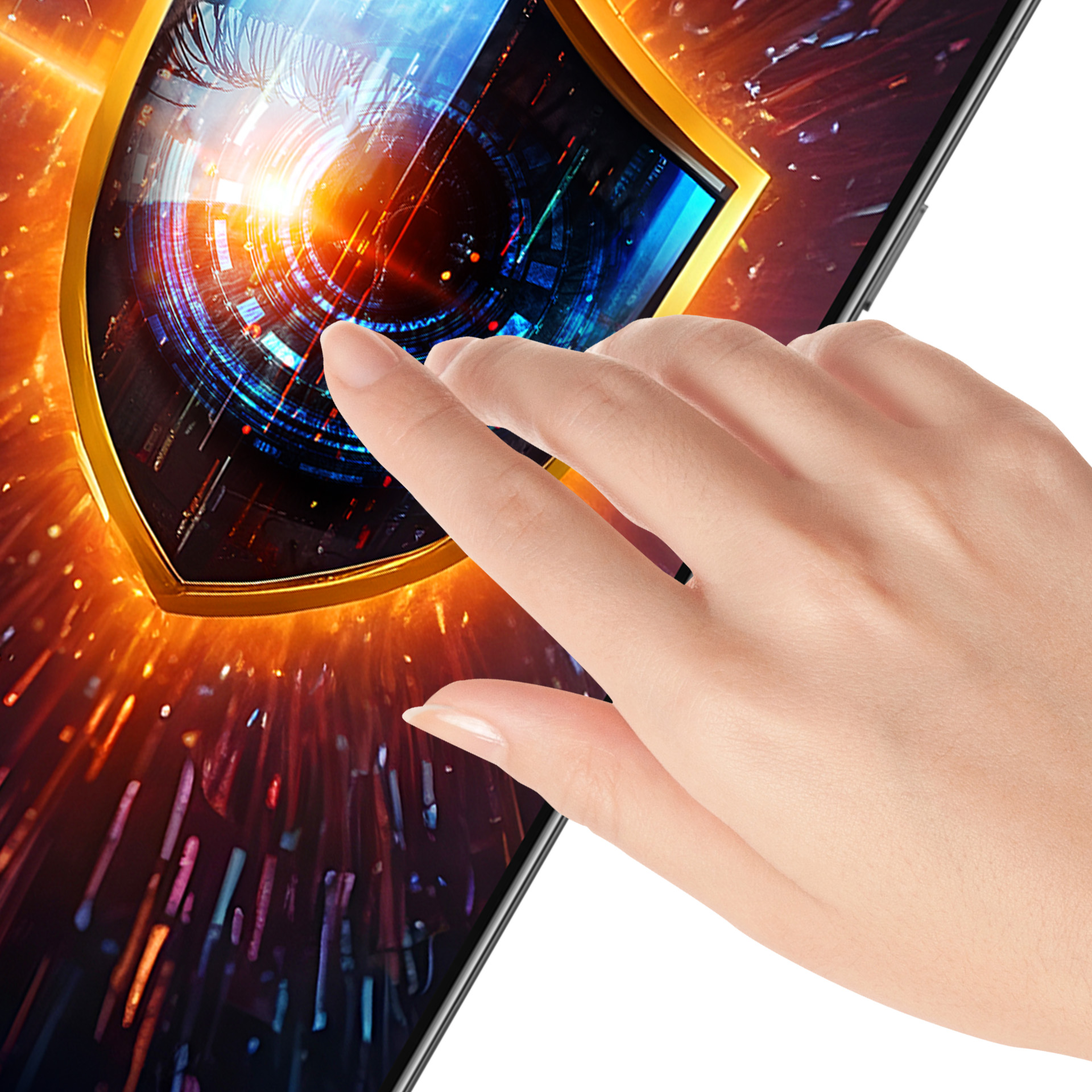 Una mano tocca uno schermo che mostra una grafica a forma di scudo con un design a occhio digitale, che brilla di arancione e blu.