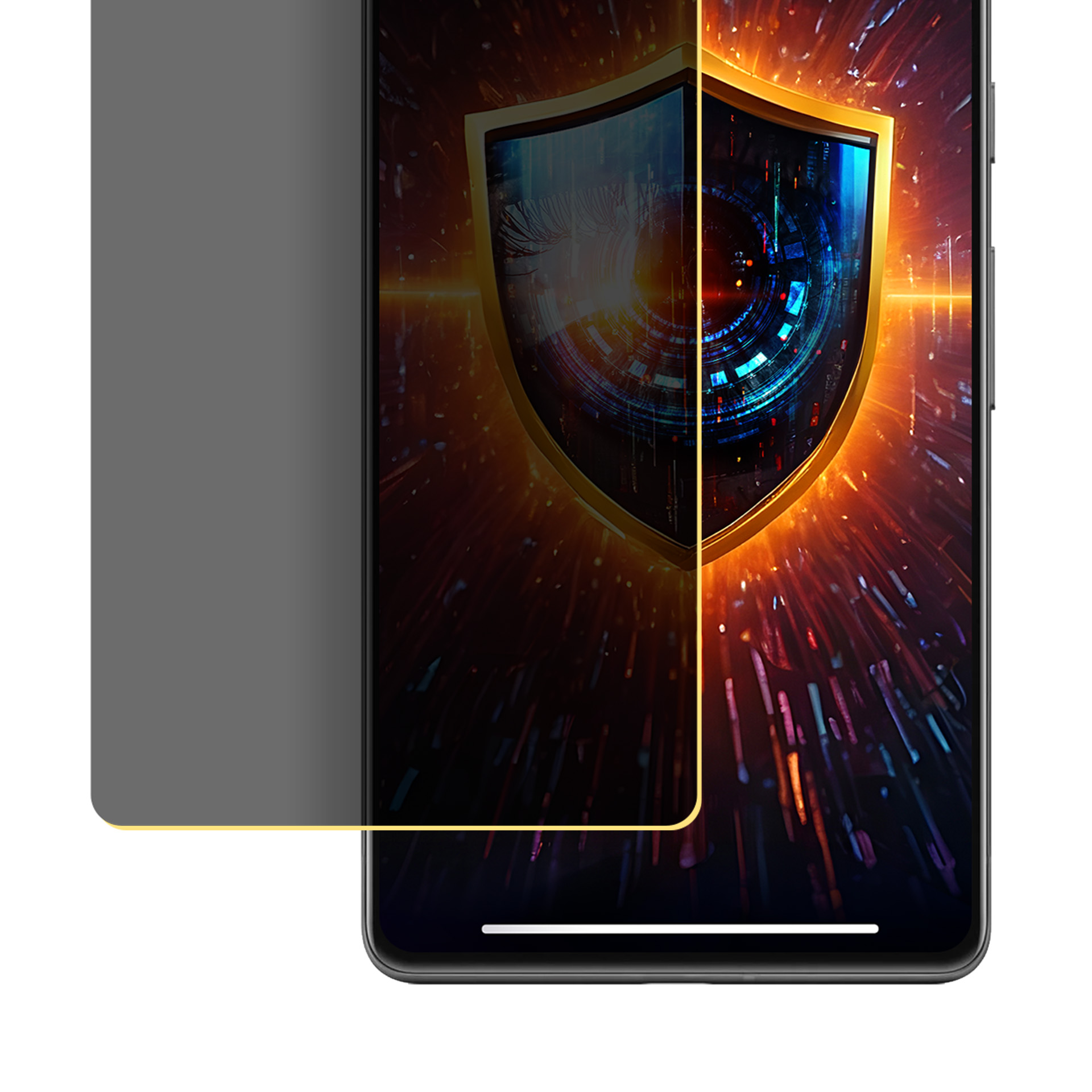 Uno smartphone mostra uno scudo d'oro con dati digitali. Uno schermo privacy copre il lato sinistro.