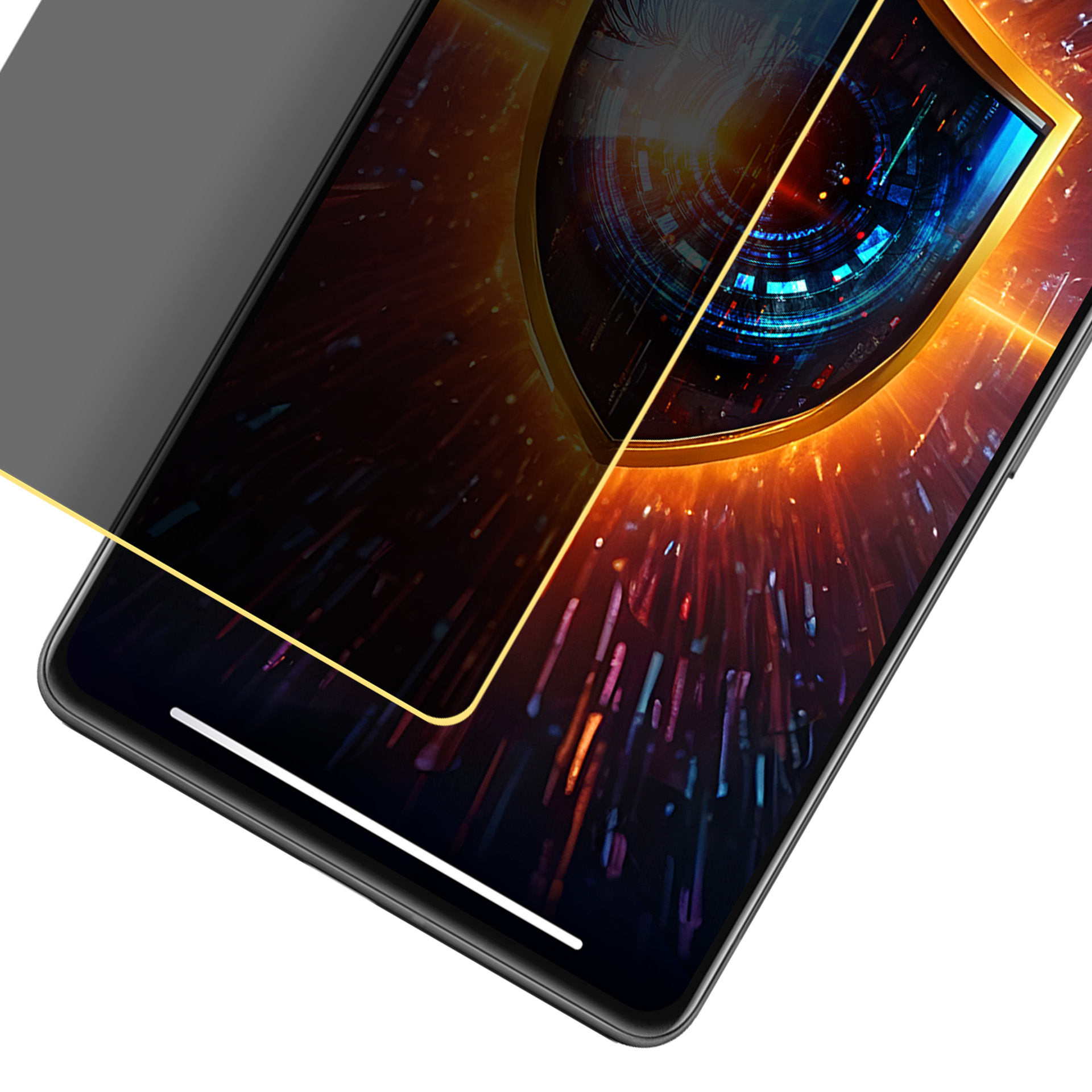 Uno smartphone mostra un design digitale a forma di occhio. Lo schermo è protetto da una pellicola privacy grigio scuro.