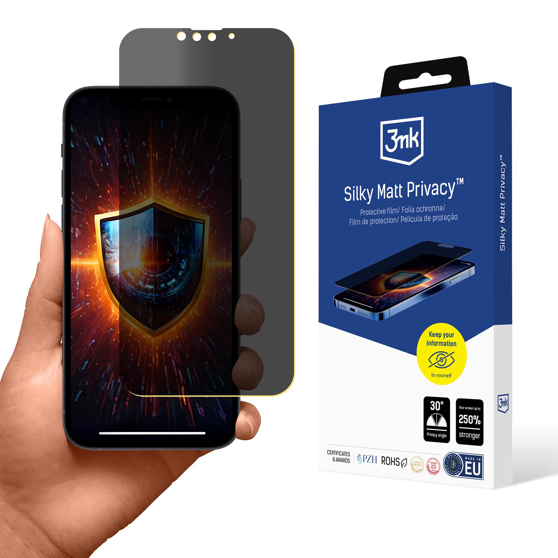 Dłoń trzymająca smartfon z ochraniaczem ekranu chroniącym prywatność. Pudełko z informacjami o produkcie po prawej.