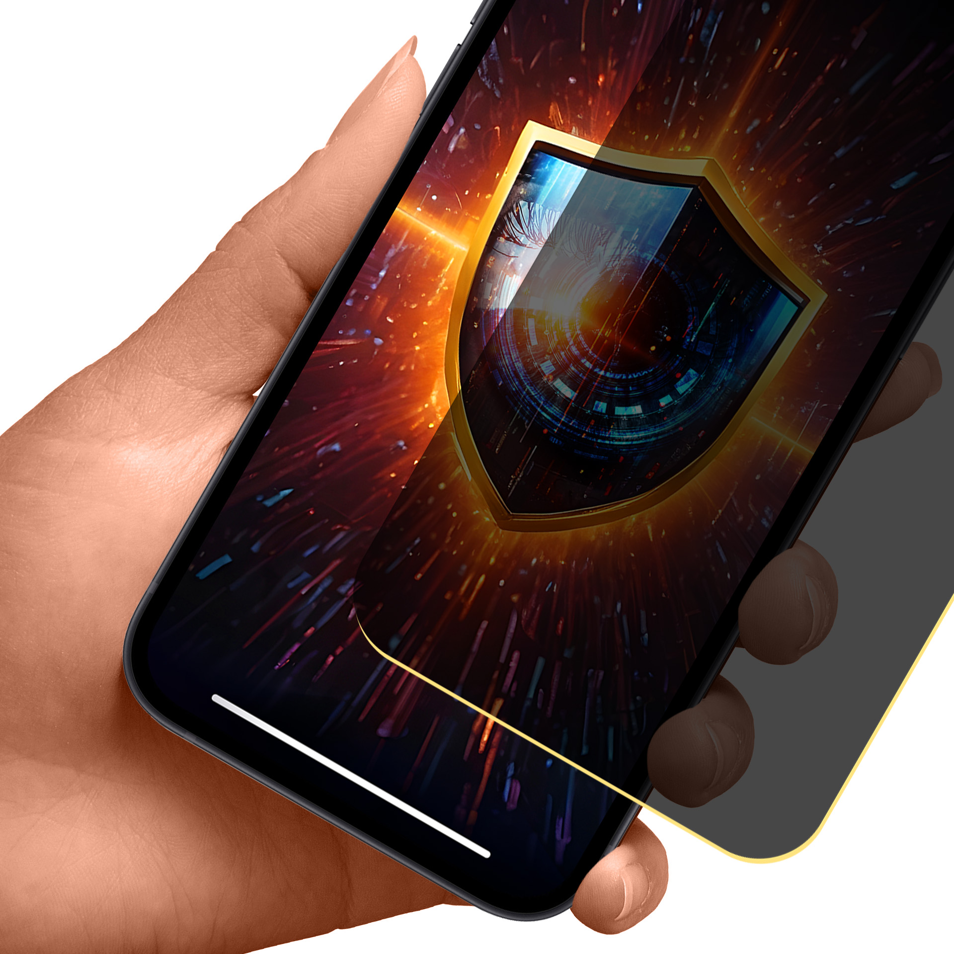Dłoń trzymająca telefon z grafiką tarczy na ekranie. Ekran jest czarny ze złotą ikoną tarczy.