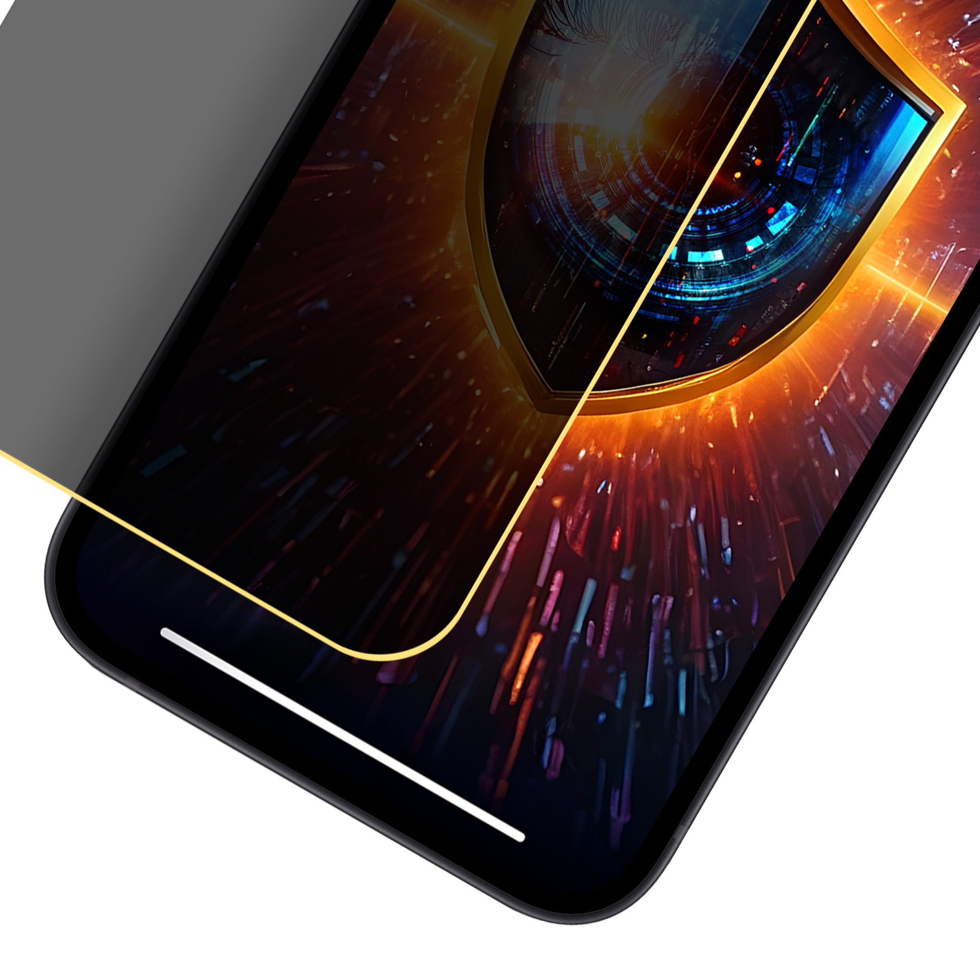 Telefon wyświetla grafikę tarczy. Ekran ma złotą ramkę. Tło to wybuch światła i koloru.