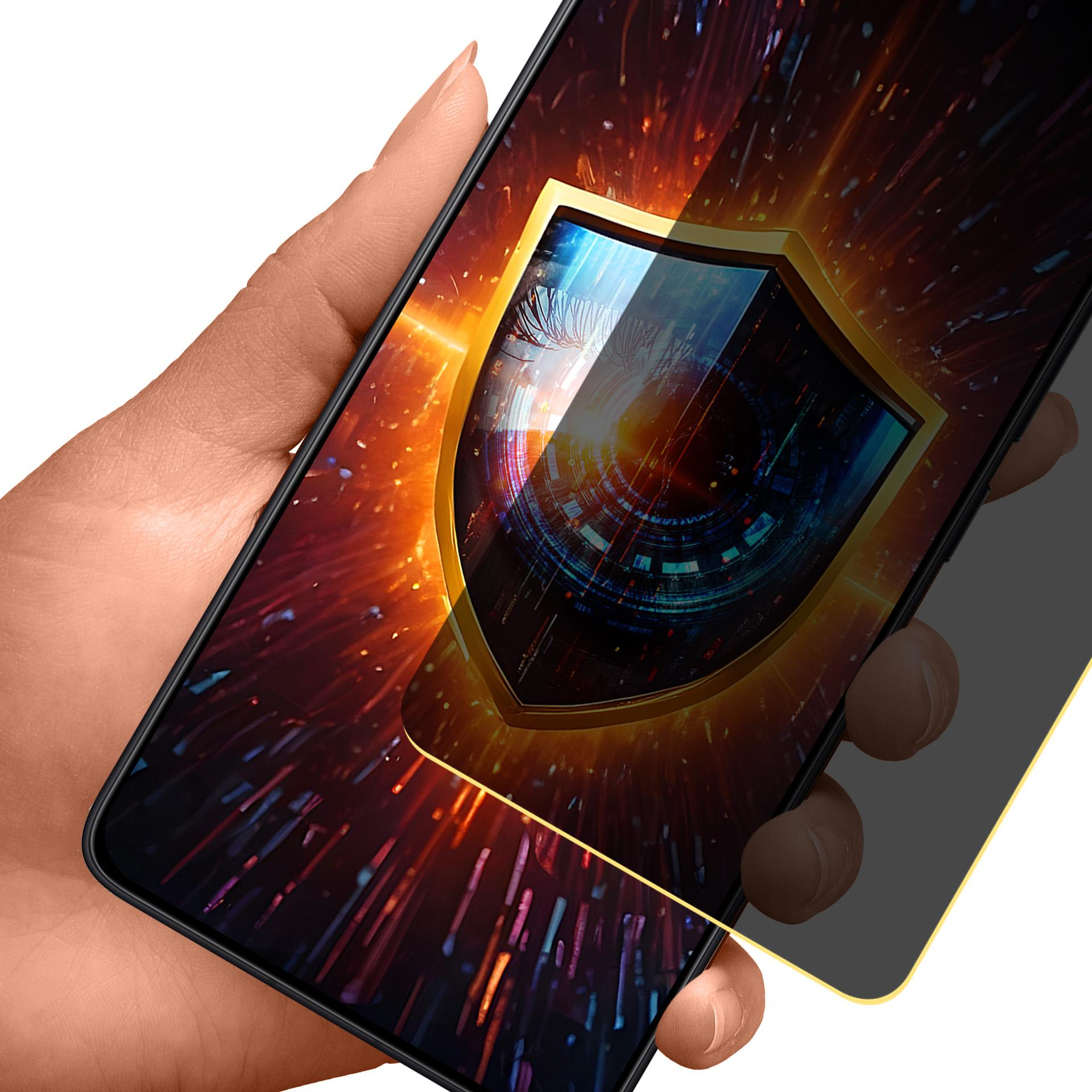 Una mano che tiene un telefono con un'icona a scudo sullo schermo. Lo sfondo mostra un design simile a fuochi d'artificio.