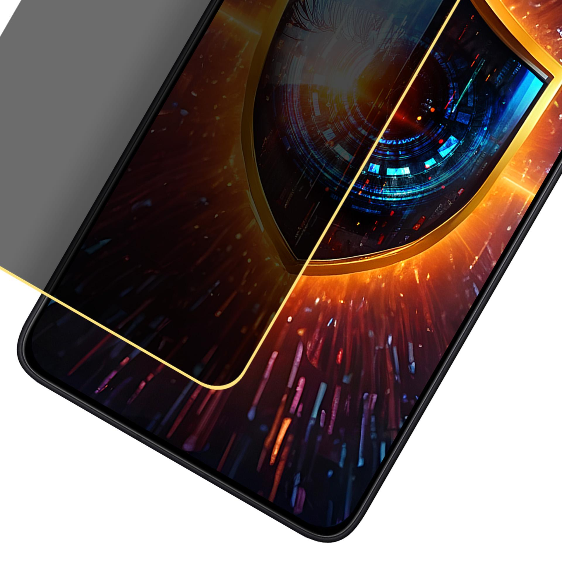 Schermo di smartphone con cornice dorata. Lo schermo mostra un occhio digitale e visualizzazione dati, con filtro privacy.