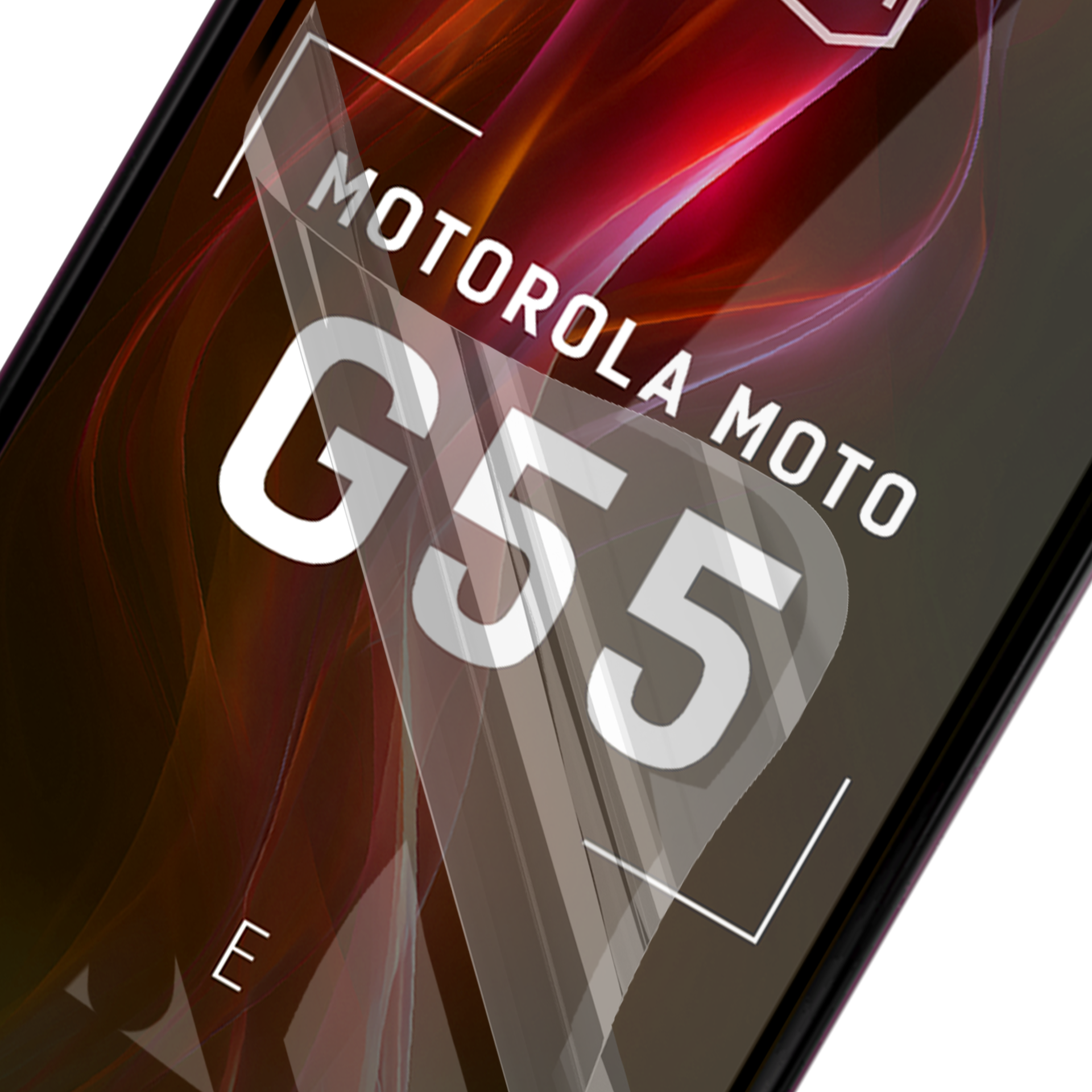 Uno schermo del telefono mostra il logo Motorola Moto G55. Ha uno sfondo astratto rosso e marrone.