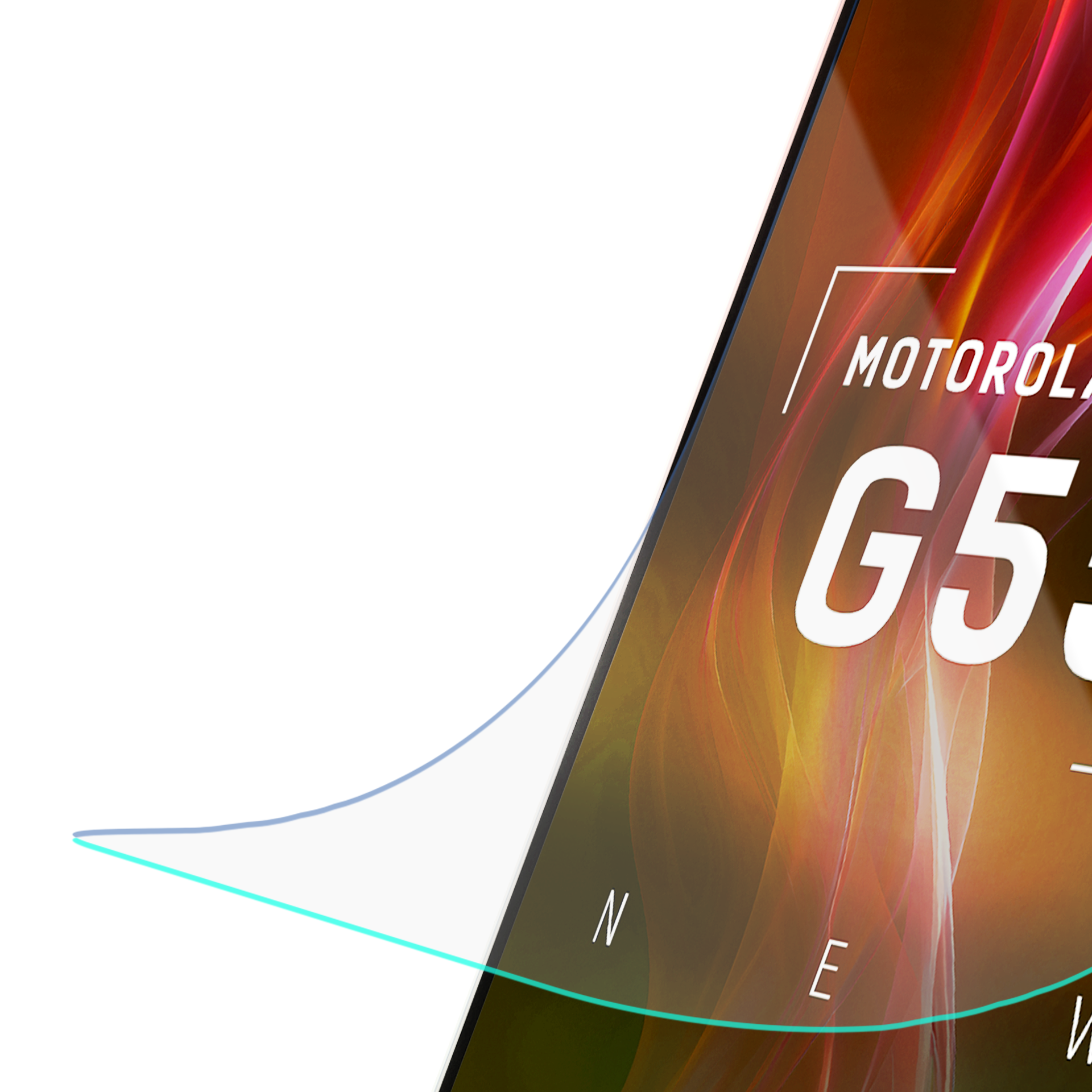 Annuncio Motorola G53. Sfondo astratto con colori fluenti. Testo bianco su un'immagine diagonale dello smartphone.