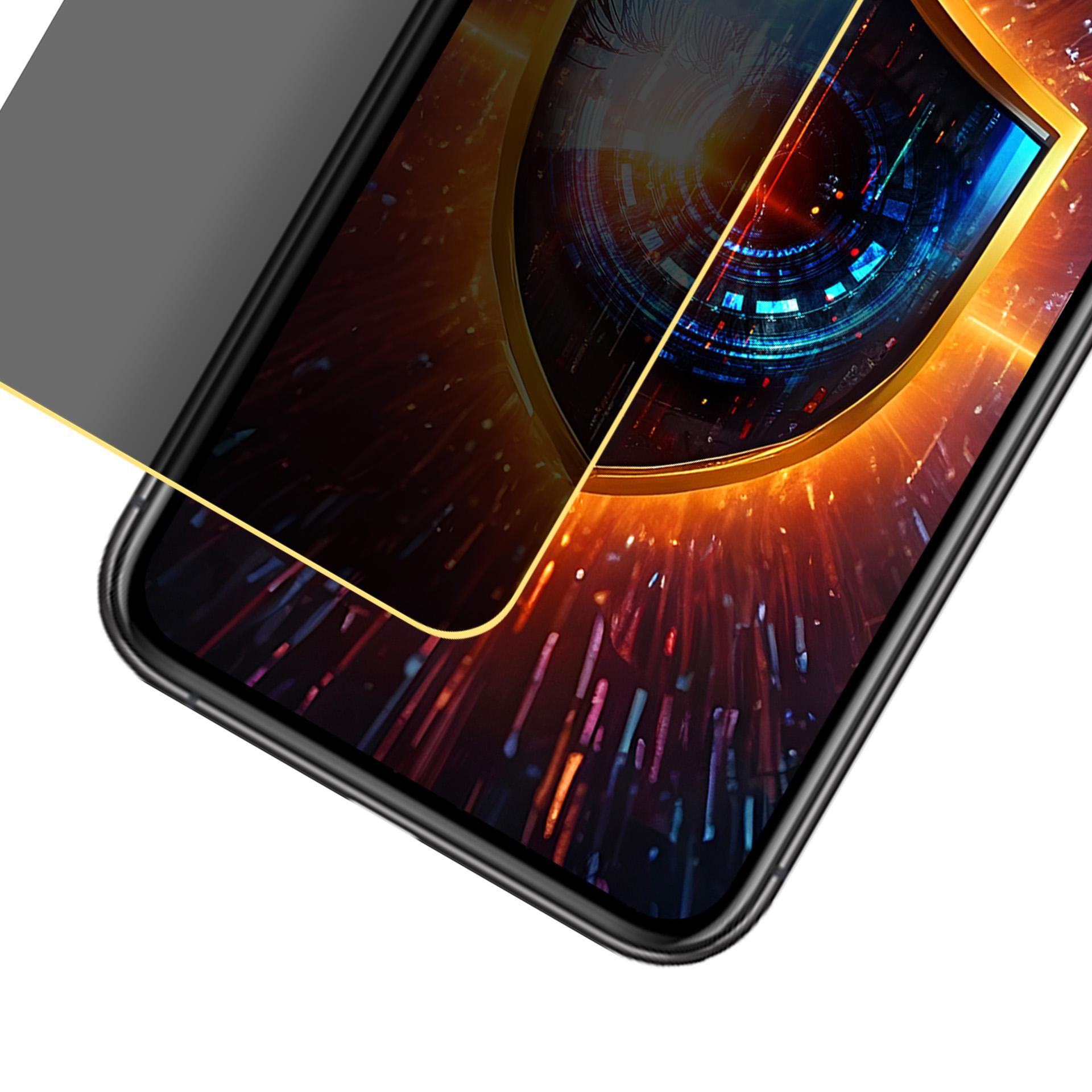 Schermo dello smartphone con cornice dorata che mostra un design futuristico. Cornice nera con protezione schermo.