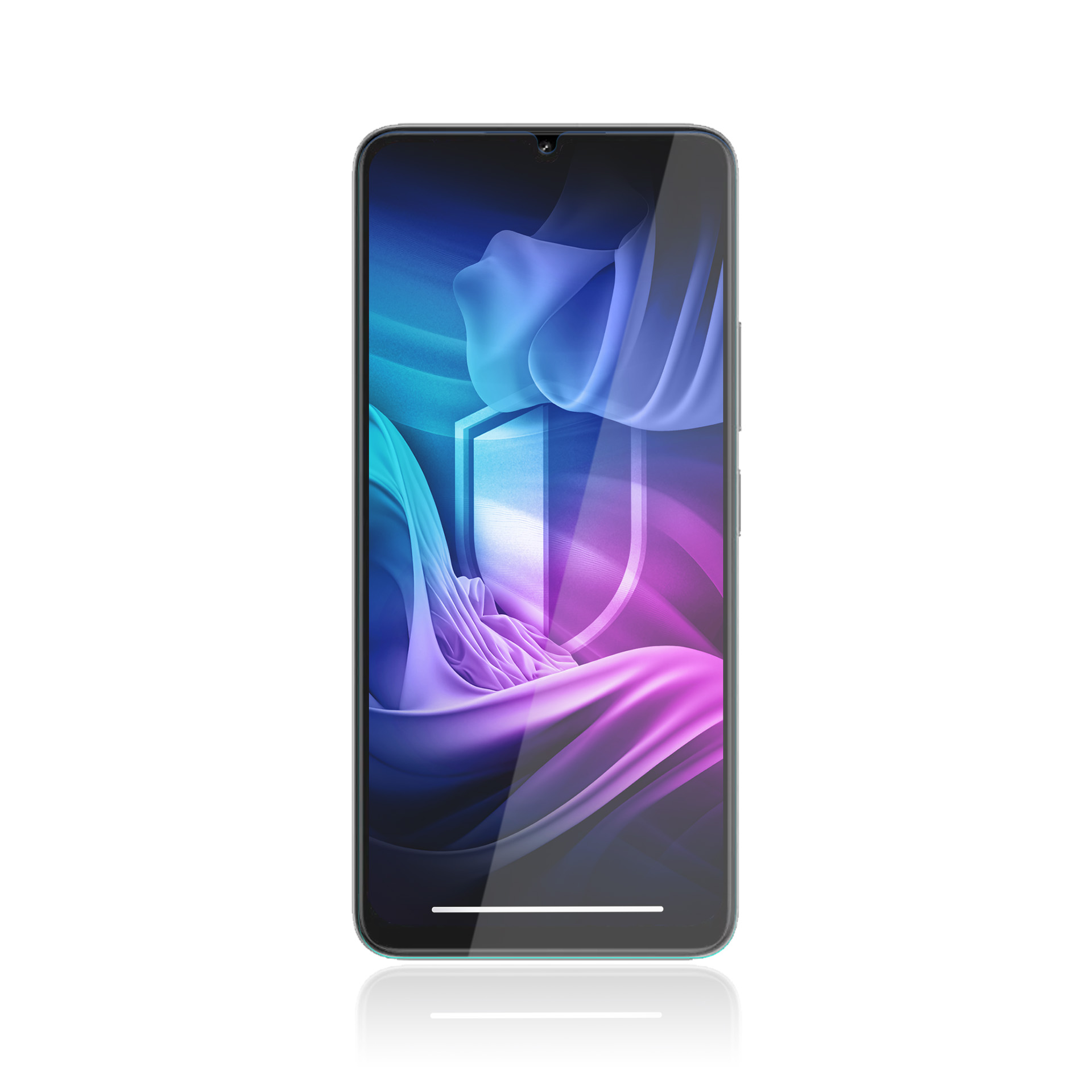 Uno smartphone mostra uno scudo digitale su uno sfondo colorato di tessuto blu, viola e rosa che scorre.