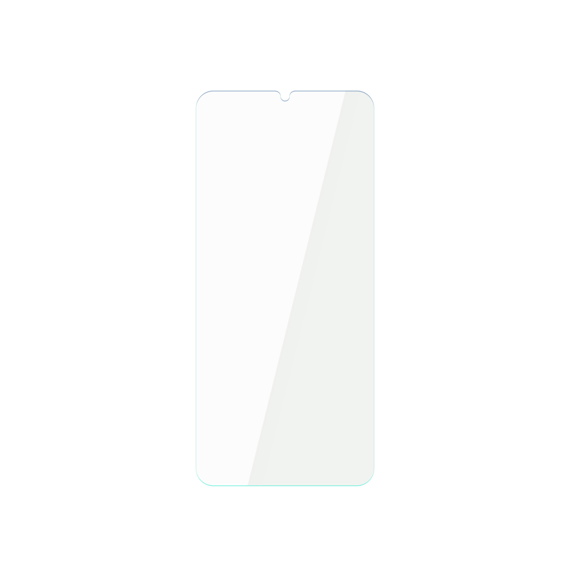 Un proteggi schermo rettangolare per telefono. Trasparente, con intaglio in alto e sfondo bianco.