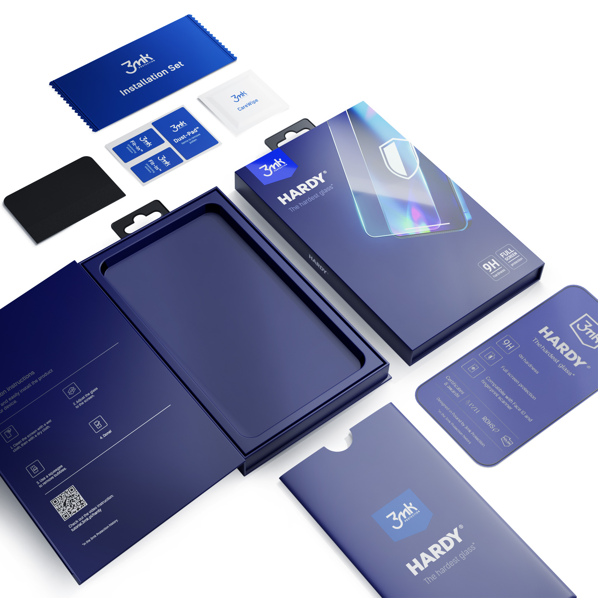 Confezione del prodotto con protezione schermo e kit installazione. Blu e bianco dominano, con informazioni sul prodotto.