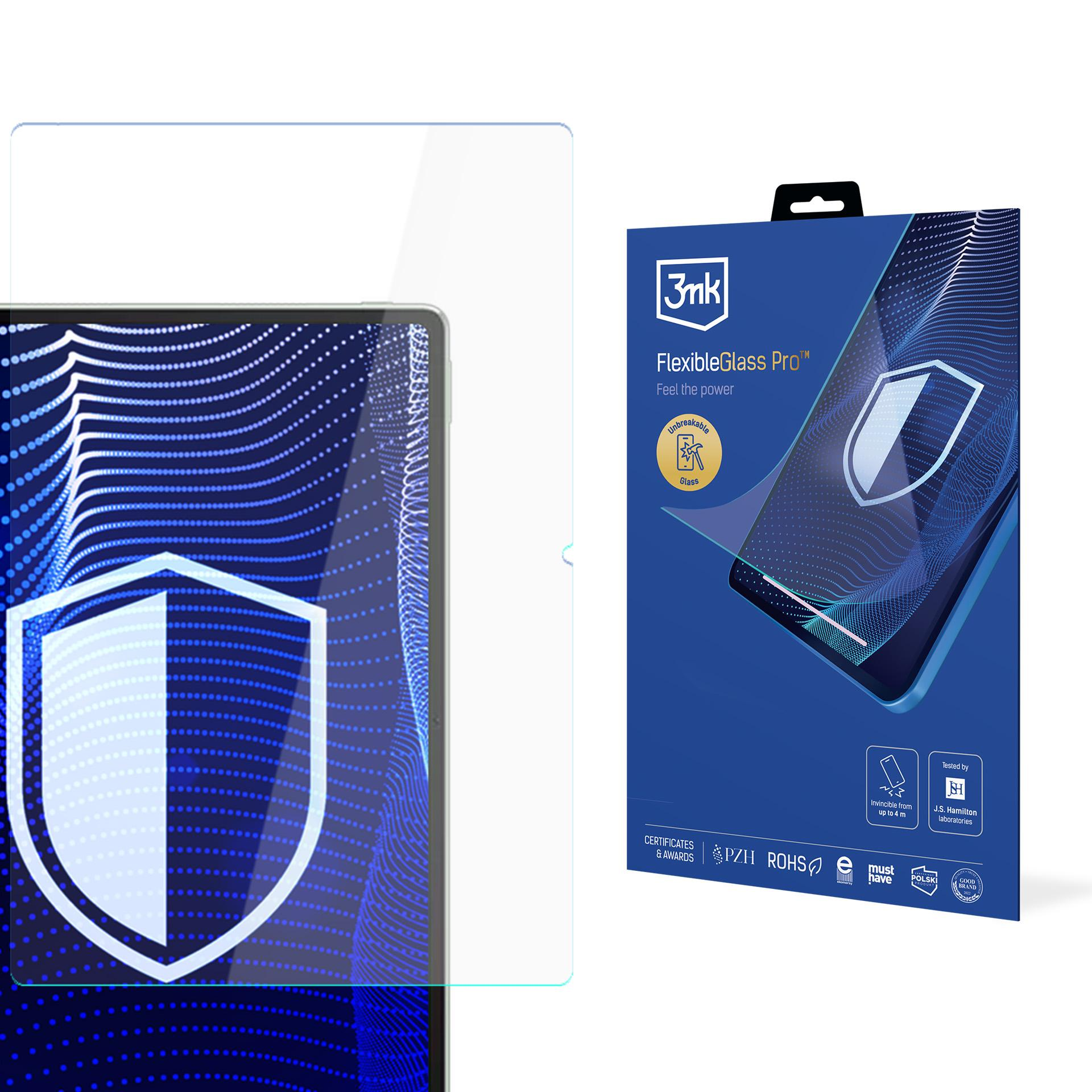 Pudełko ochronne na ekran z telefonem i ochraniaczem. Niebieskie tło z logo marki i tekstem.