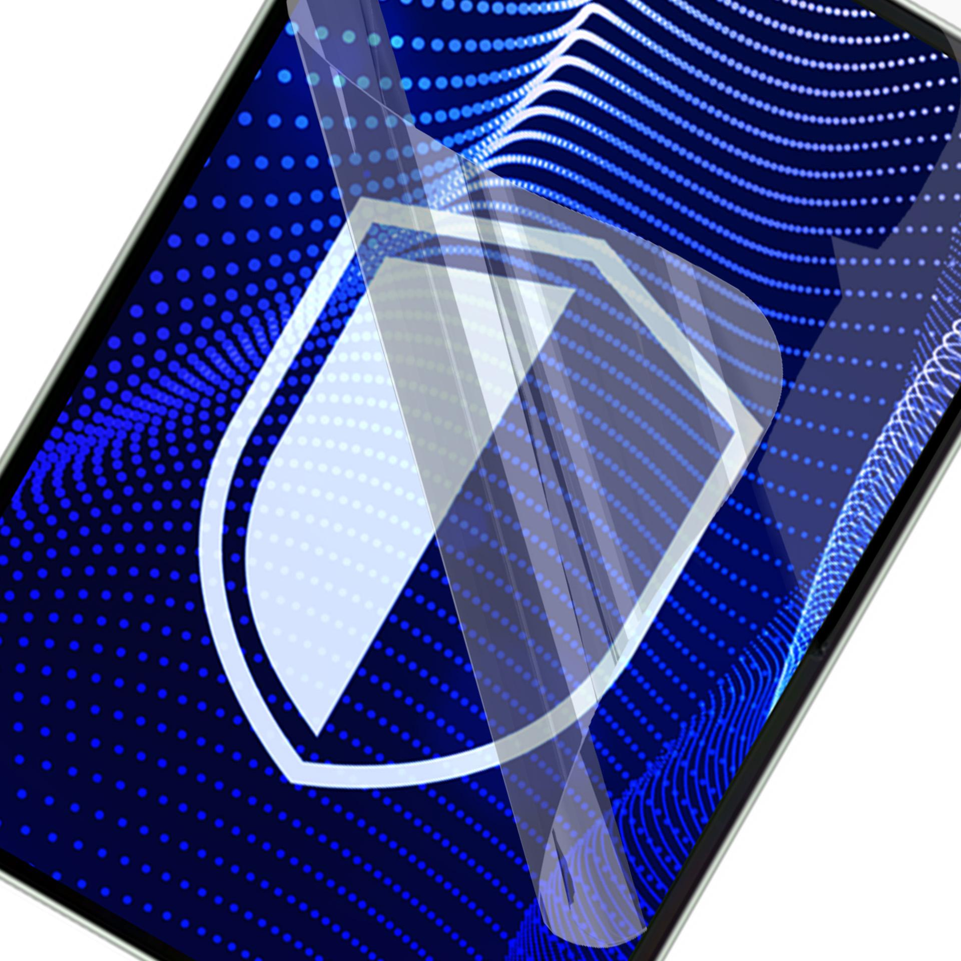 Ekran smartfona z niebieskim, kropkowanym tłem i ikoną tarczy nałożoną na przezroczystą osłonę ekranu.