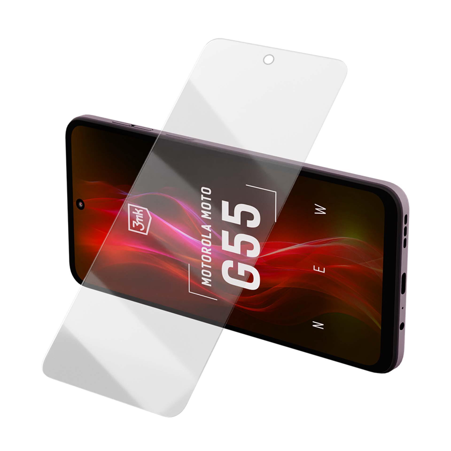 Un telefono Motorola G55 con una protezione per lo schermo applicata. La protezione è trasparente e copre parzialmente lo schermo.