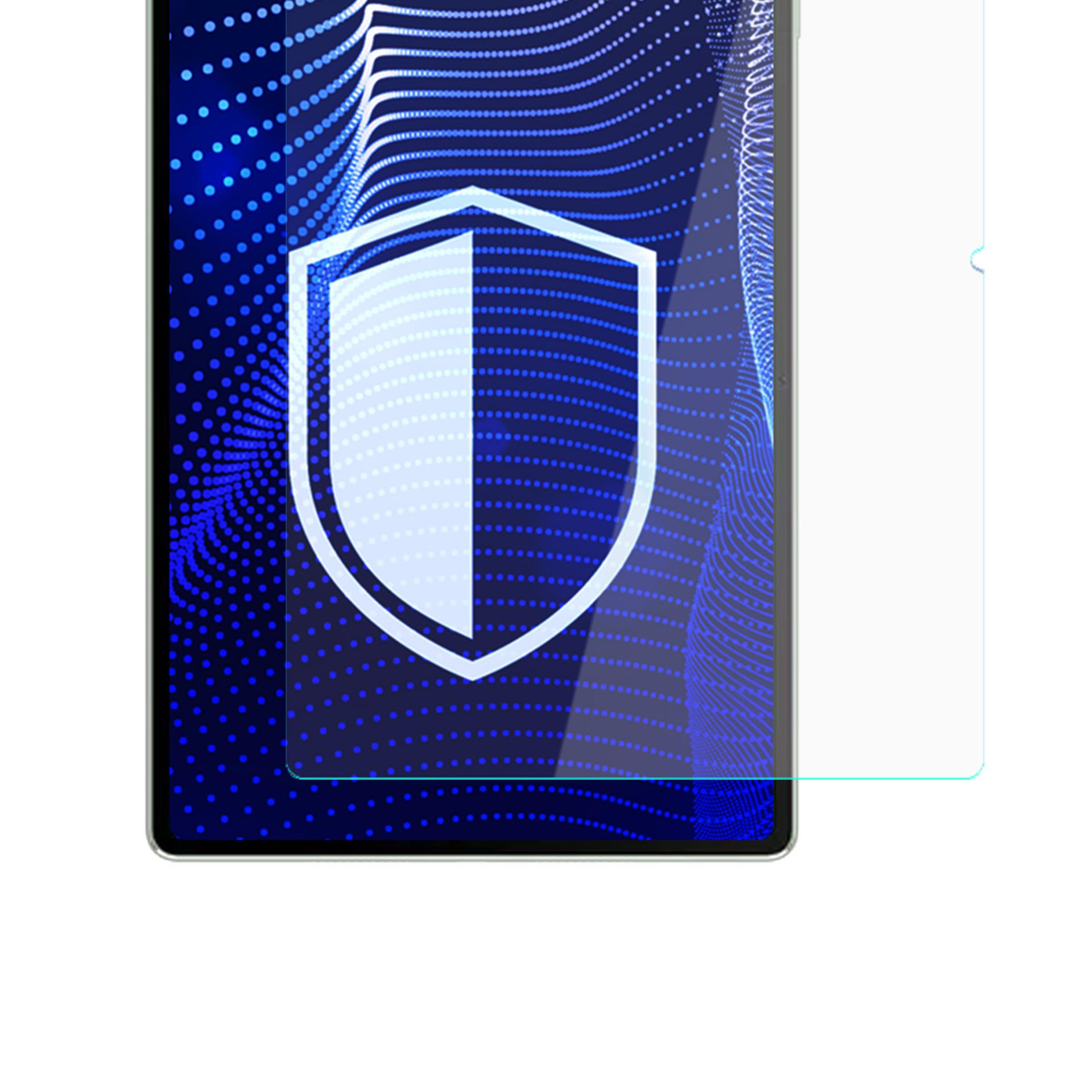 Ekran tabletu wyświetla białą ikonę tarczy na niebieskim wzorze kropek. Na ekranie znajduje się ochraniacz ekranu.