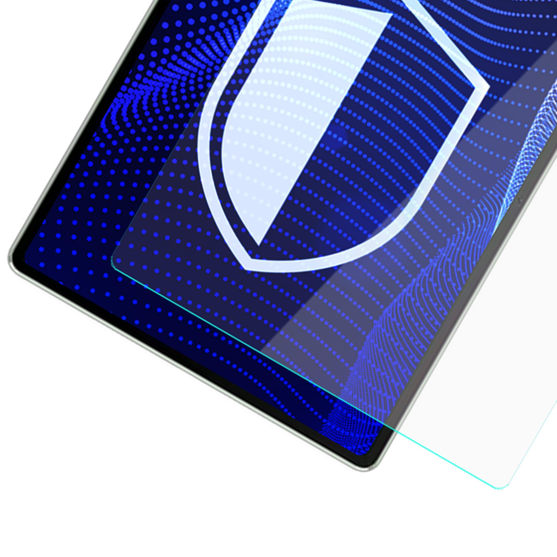 Tablet z ochroną ekranu. Ekran wyświetla niebieski wzór w kropki i białą ikonę tarczy.