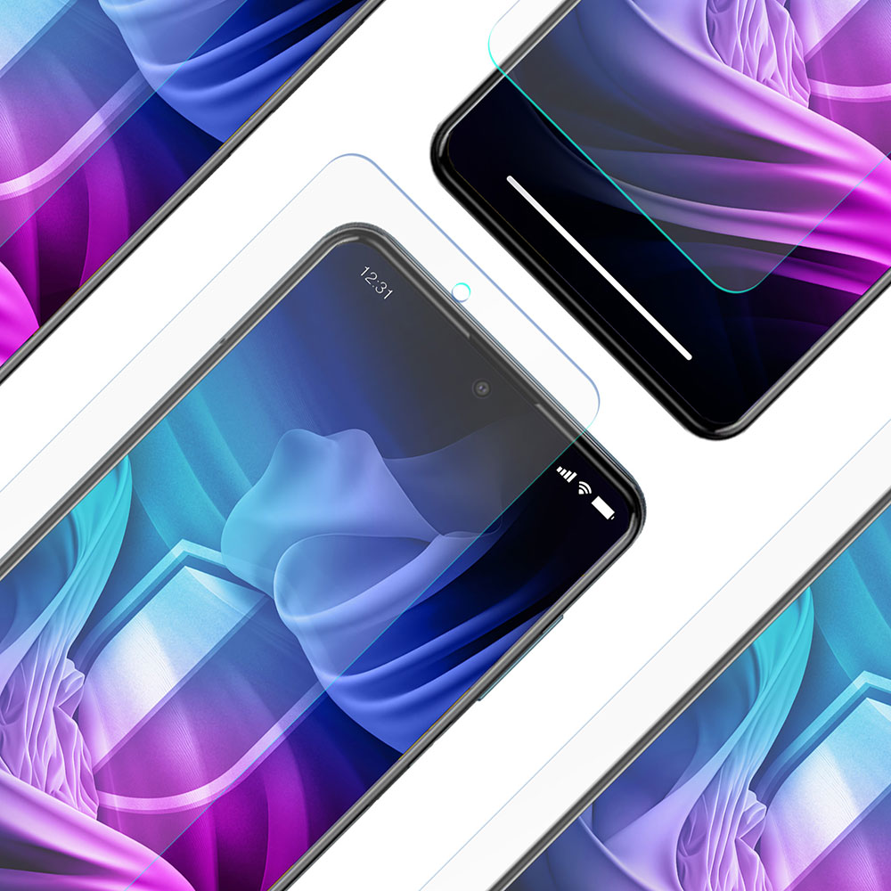 Wiele smartfonów z ochraniaczami ekranu. Ekrany pokazują abstrakcyjny niebiesko-fioletowy wzór na białym tle.