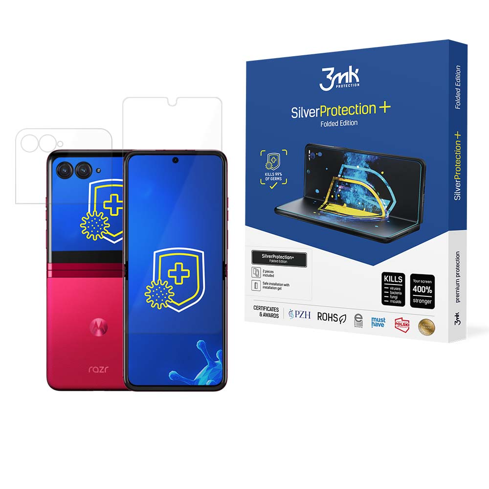 Un telefono con schermo blu e una scatola di pellicola protettiva sono esposti, con lo schermo del telefono che mostra un segno più.