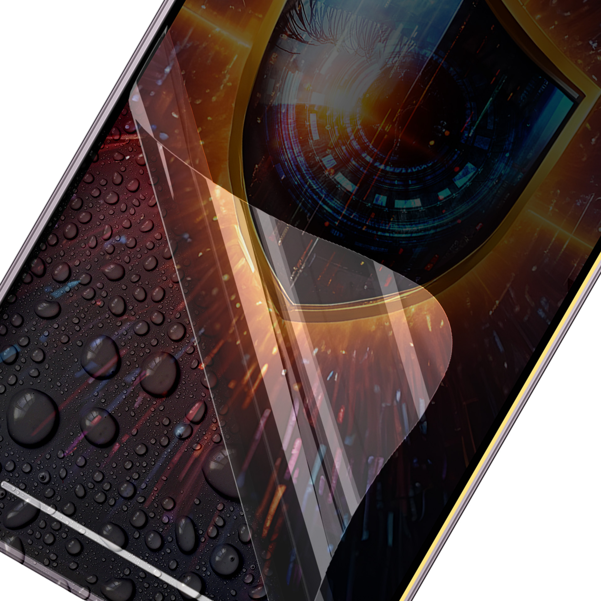 Ekran telefonu pokazujący cyfrowe obrazy oka i kolorowych świateł. Krople wody pokrywają powierzchnię.