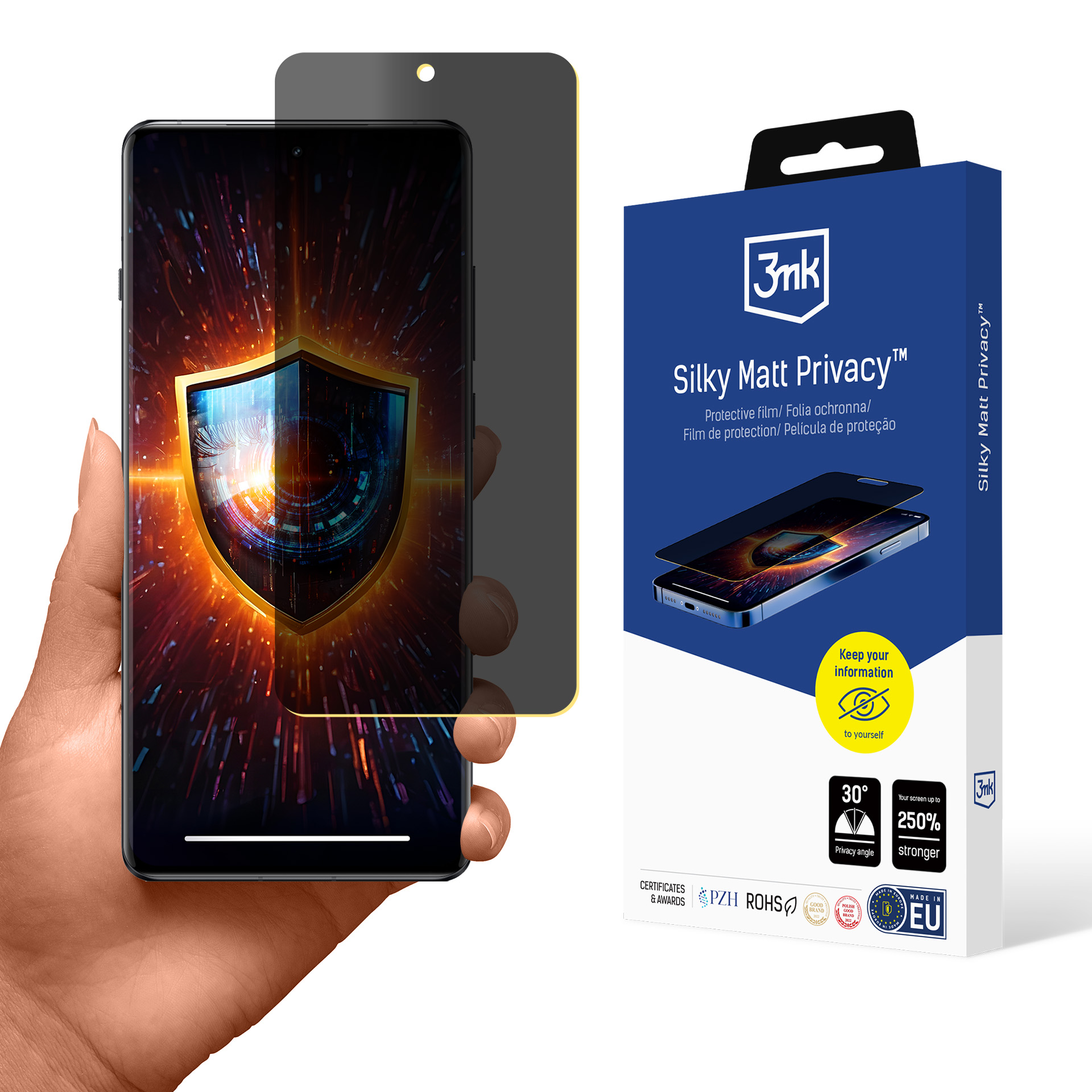 Una mano tiene un telefono con protezione schermo. A destra una scatola 'Silky Matt Privacy'.