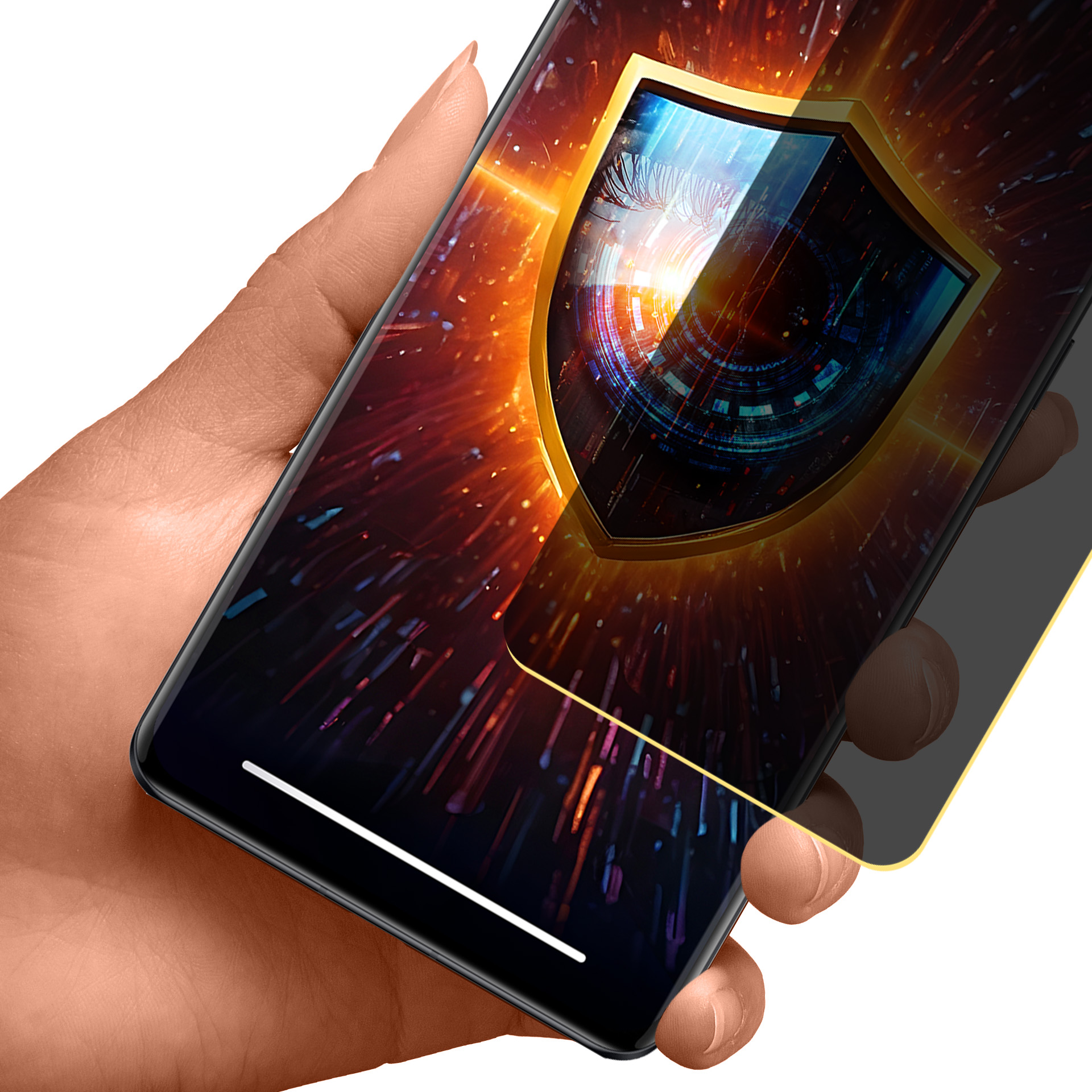 Una mano che tiene uno smartphone con una grafica a scudo sullo schermo. Lo scudo è dorato con un design tecnologico.