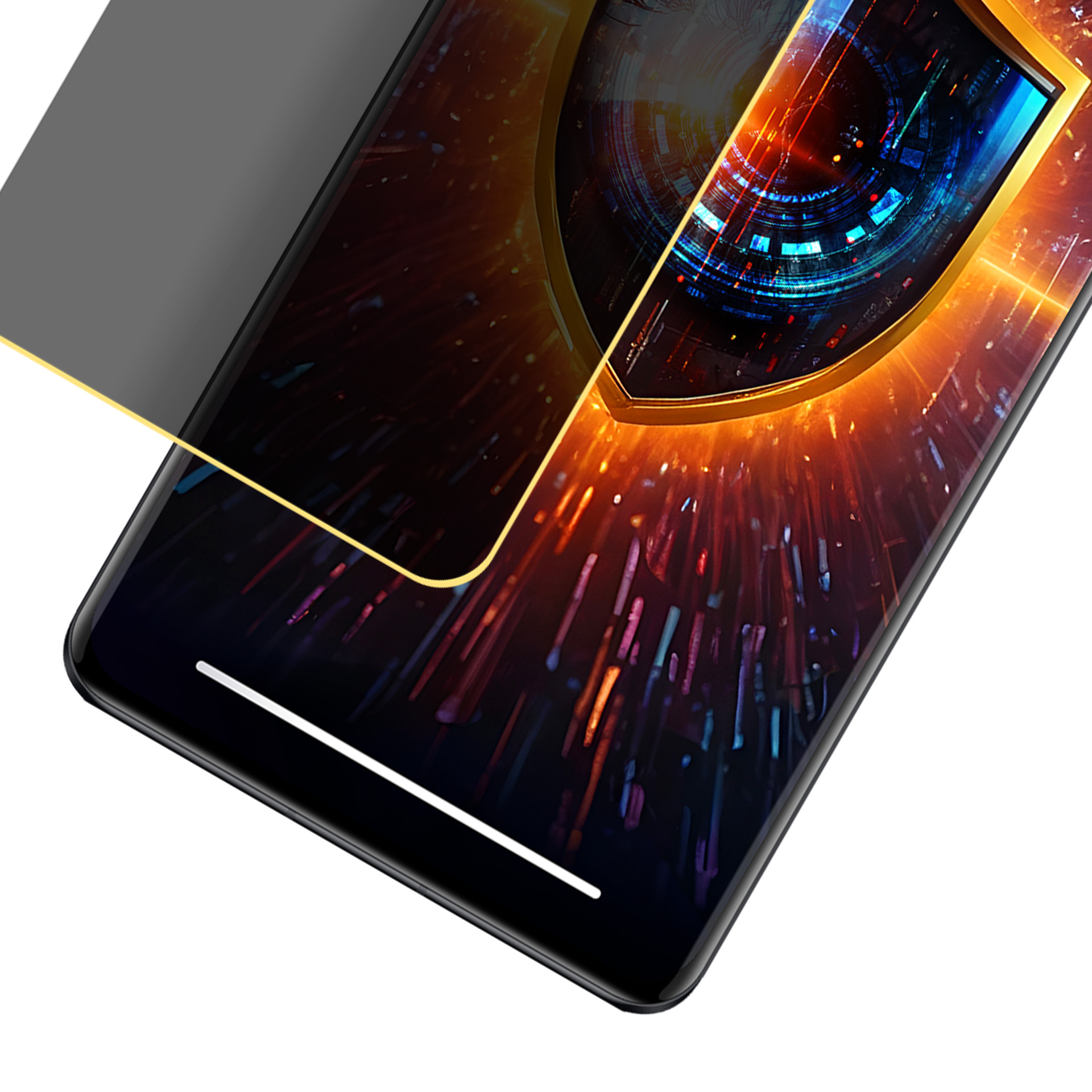 Schermo smartphone con design a scudo, protezione schermo applicata. Cornice dorata, colori vivaci e sfondo bianco.