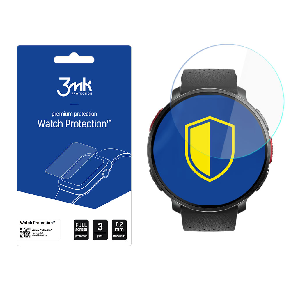 Una protezione per lo schermo dell'orologio e uno smartwatch. La protezione è una pellicola trasparente. L'orologio ha un cinturino nero e pulsanti rossi.