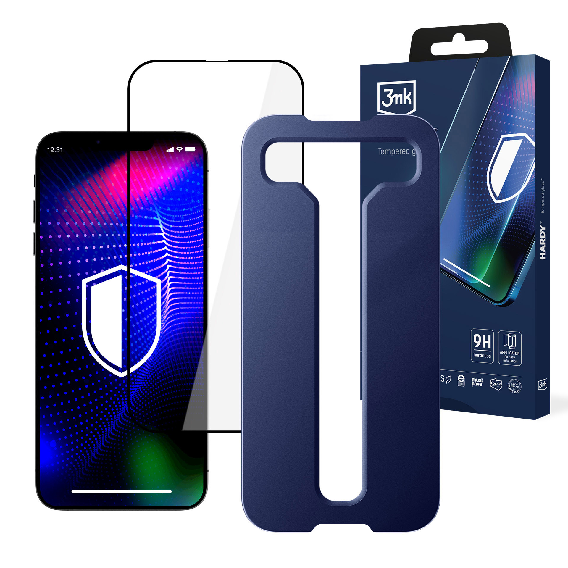 Sono mostrati un telefono, una protezione per lo schermo e una custodia. Il telefono mostra un'icona a scudo. Confezione a destra.
