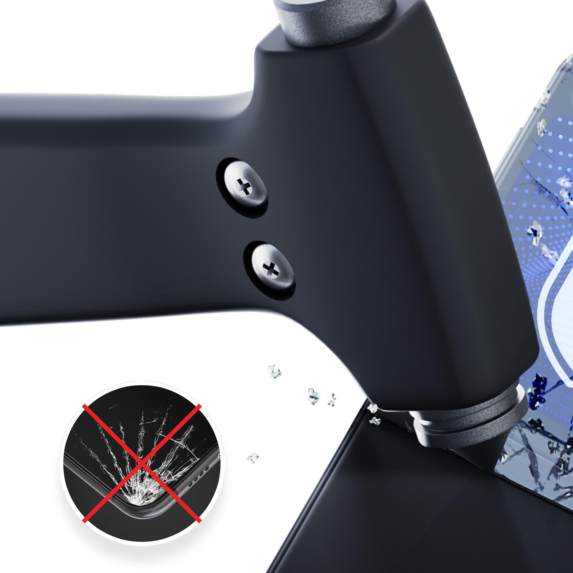 Młotek ma uderzyć w telefon, z pękniętym ekranem w tle. Telefon jest chroniony.