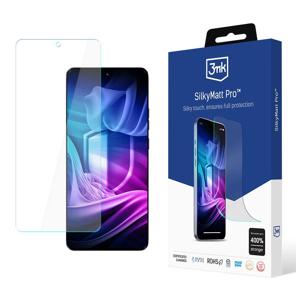 Un proteggi schermo e la sua scatola sono esposti. La scatola è blu con il marchio. Un telefono è visibile con il protettore.