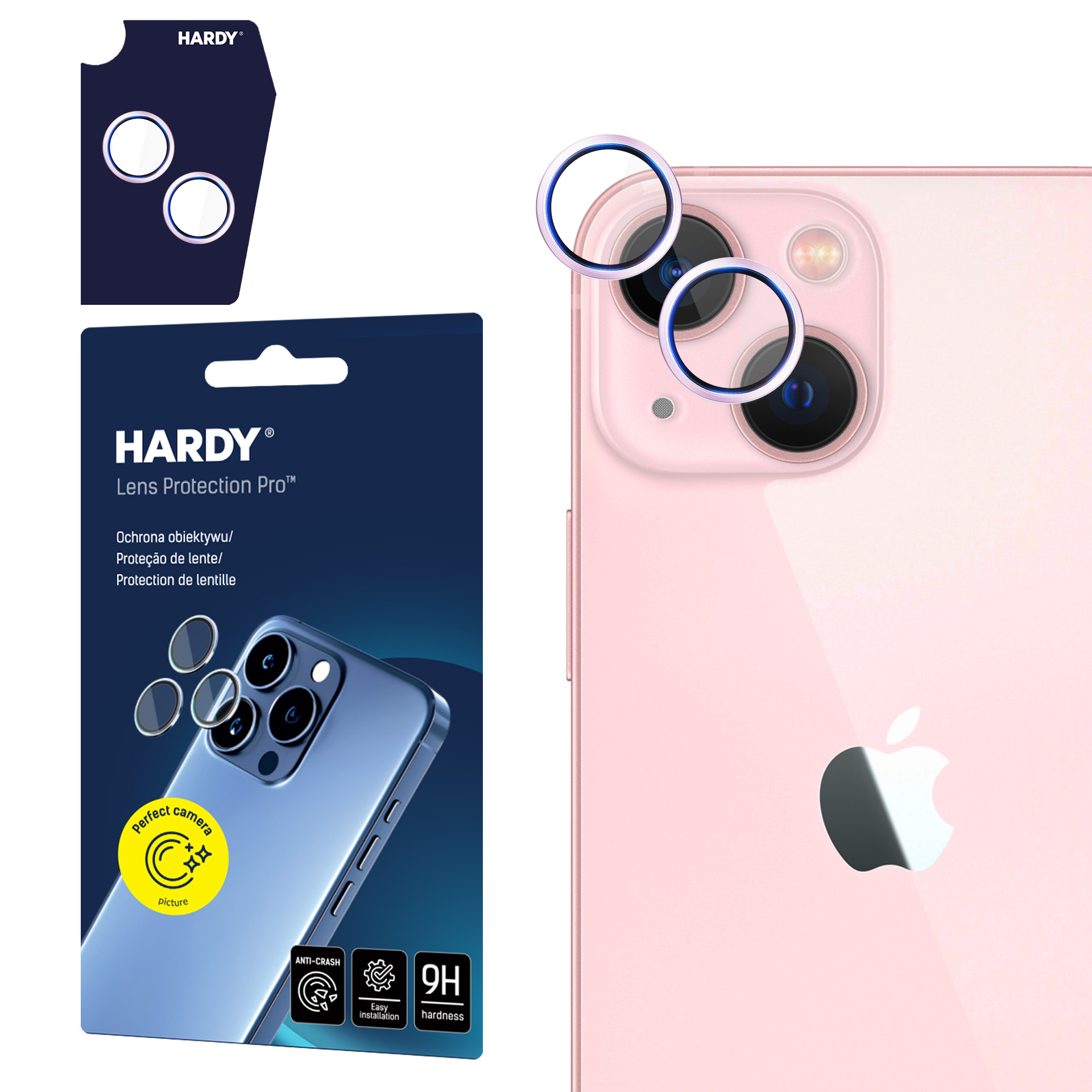 Różowy telefon z osłonami obiektywu, opakowanie produktu i produkty chroniące obiektyw.
