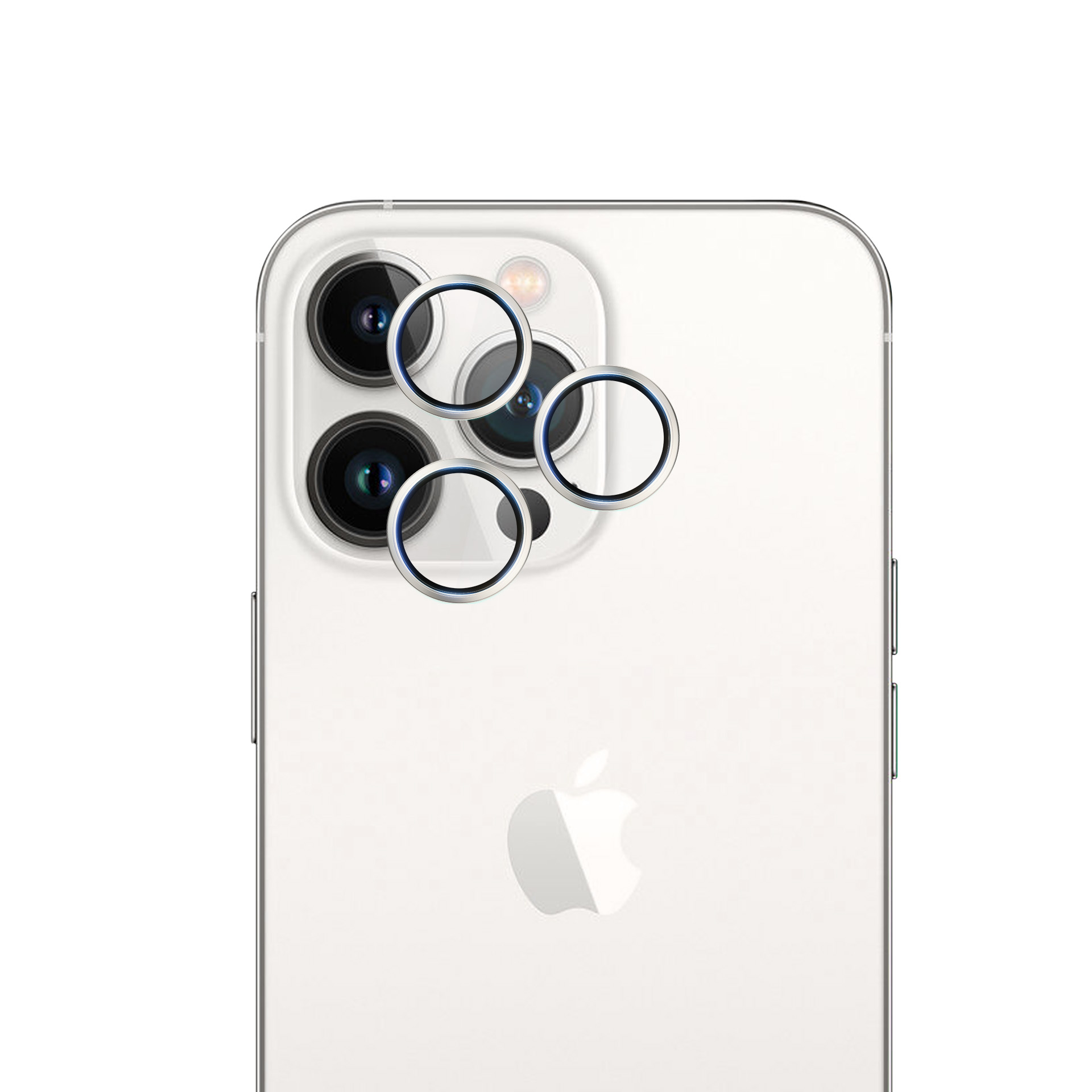 Tył białego iPhone'a ze srebrną osłoną obiektywu aparatu. Widoczne jest logo Apple.