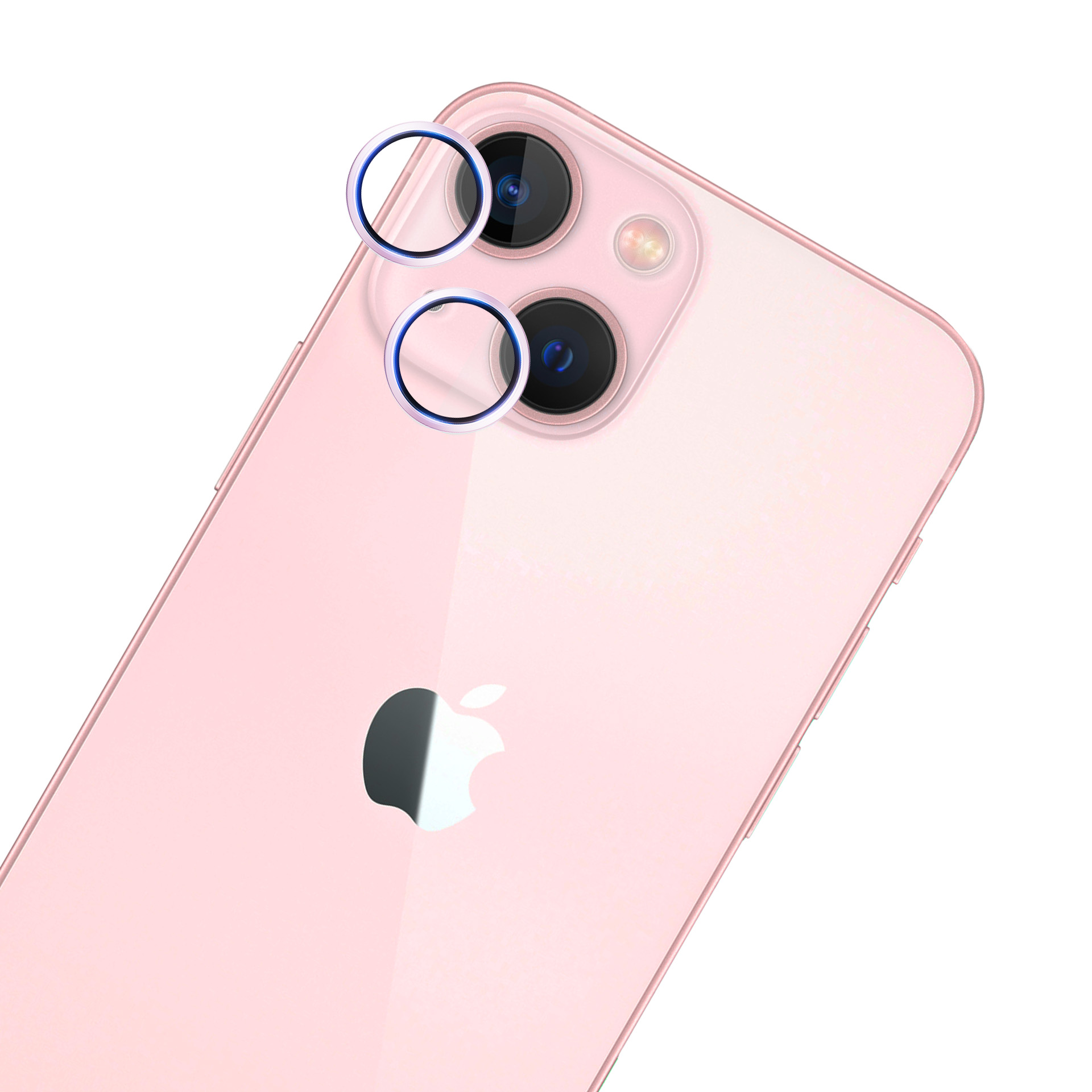 Różowy tył iPhone'a z obiektywami aparatu i pierścieniami ochronnymi. Logo Apple na dole. Białe tło.