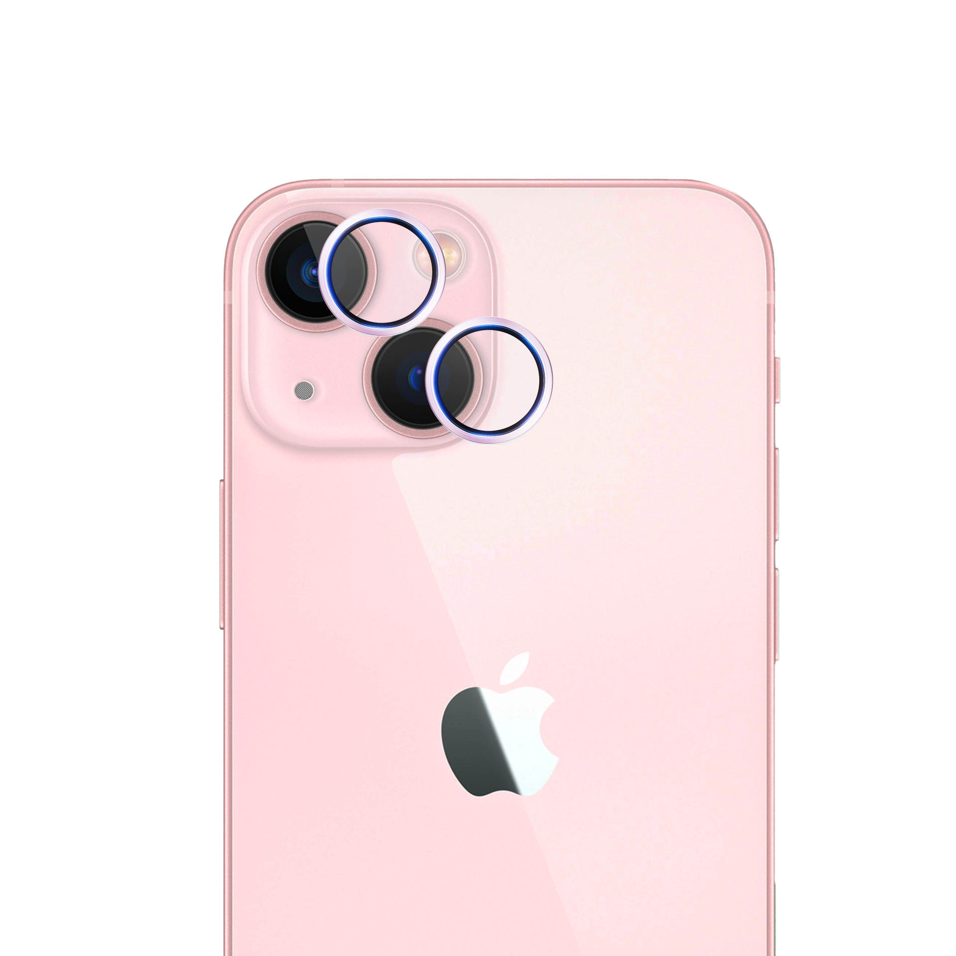 Różowy tył iPhone'a z obiektywami aparatu i logo Apple. Pierścienie ochronne otaczają obiektywy. Białe tło.