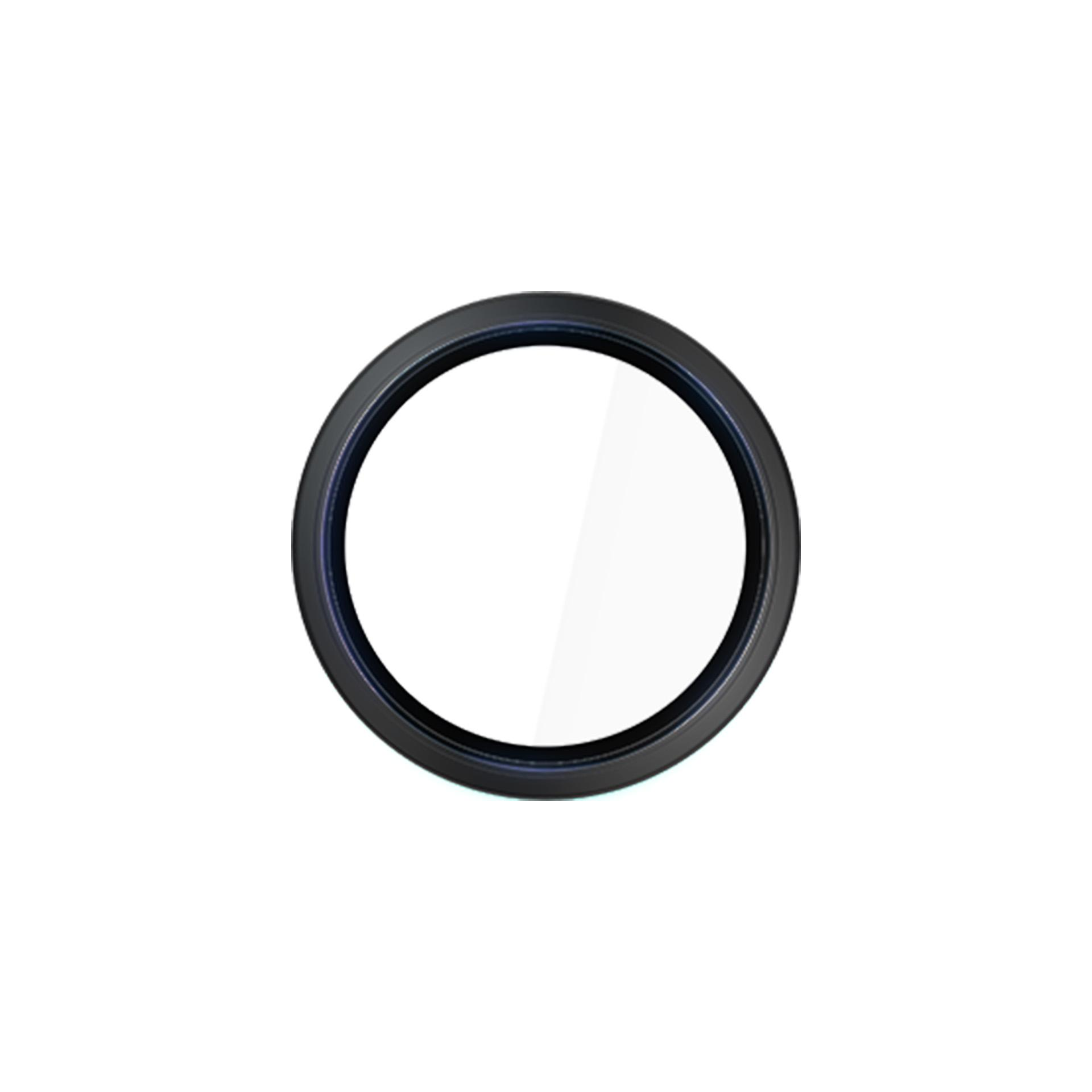 Okrągły filtr obiektywu z czarną ramką i przezroczystym szkłem. Tło jest białe.