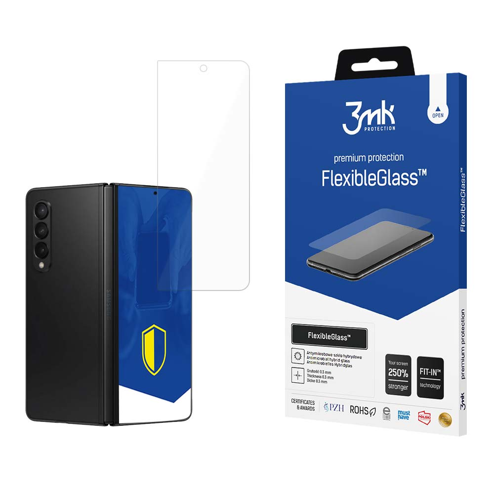 Uno smartphone e una scatola di protezione per lo schermo sono su una superficie bianca. La scatola mostra il nome del prodotto FlexibleGlass.