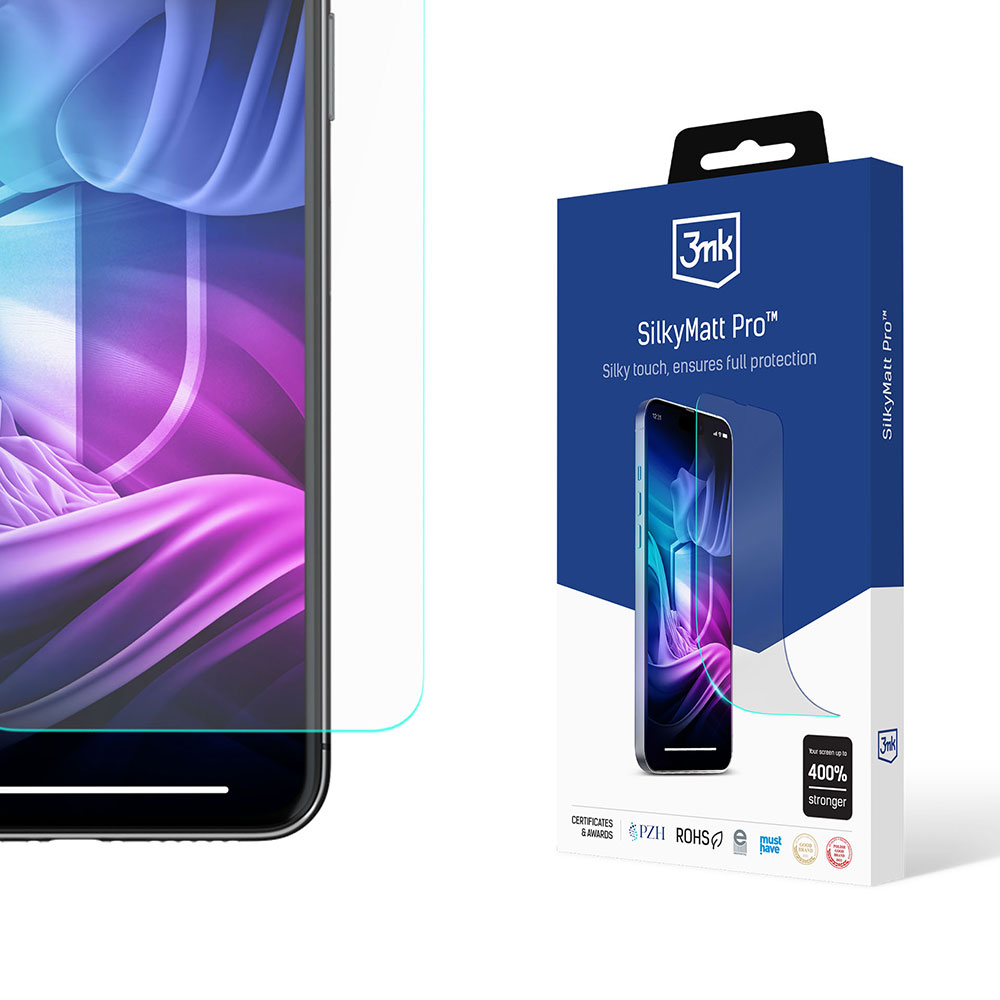 Telefon z ochraniaczem ekranu obok pudełka. Na pudełku napis SilkyMatt Pro i zdjęcie telefonu. Pokazuje również certyfikaty.