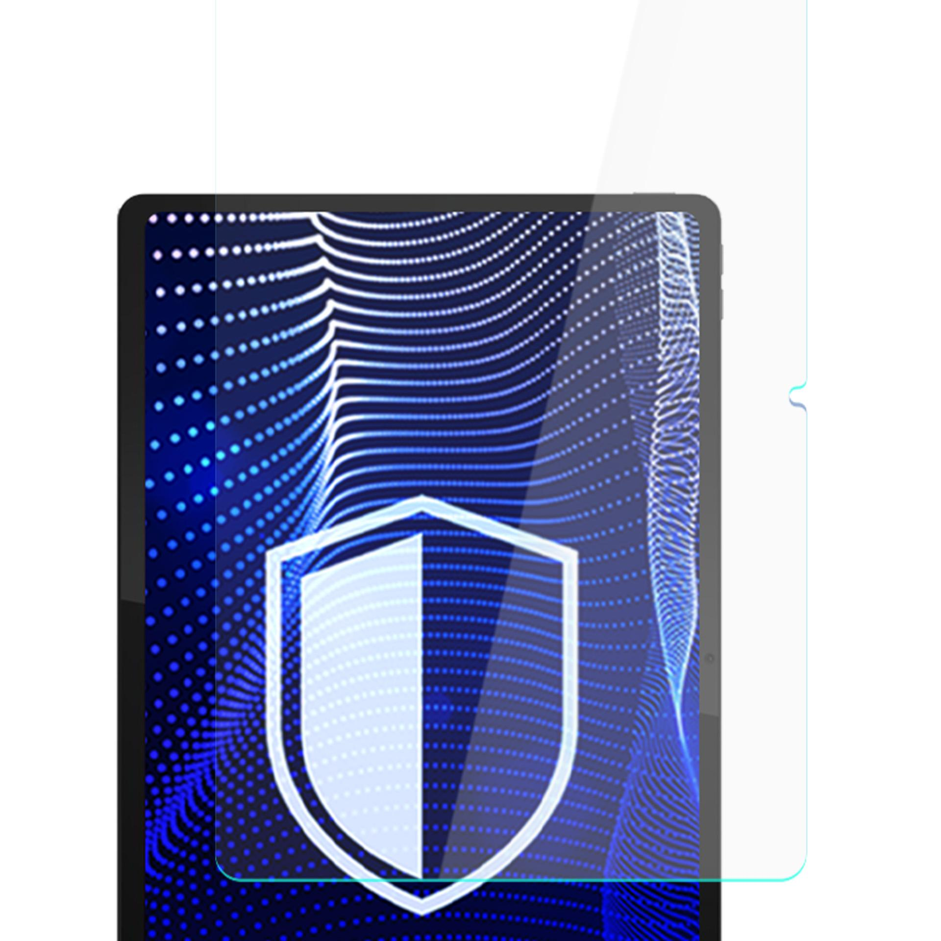 Ekran tabletu z ikoną tarczy, pokryty osłoną ekranu. Tło ma niebieski wzór w kropki.