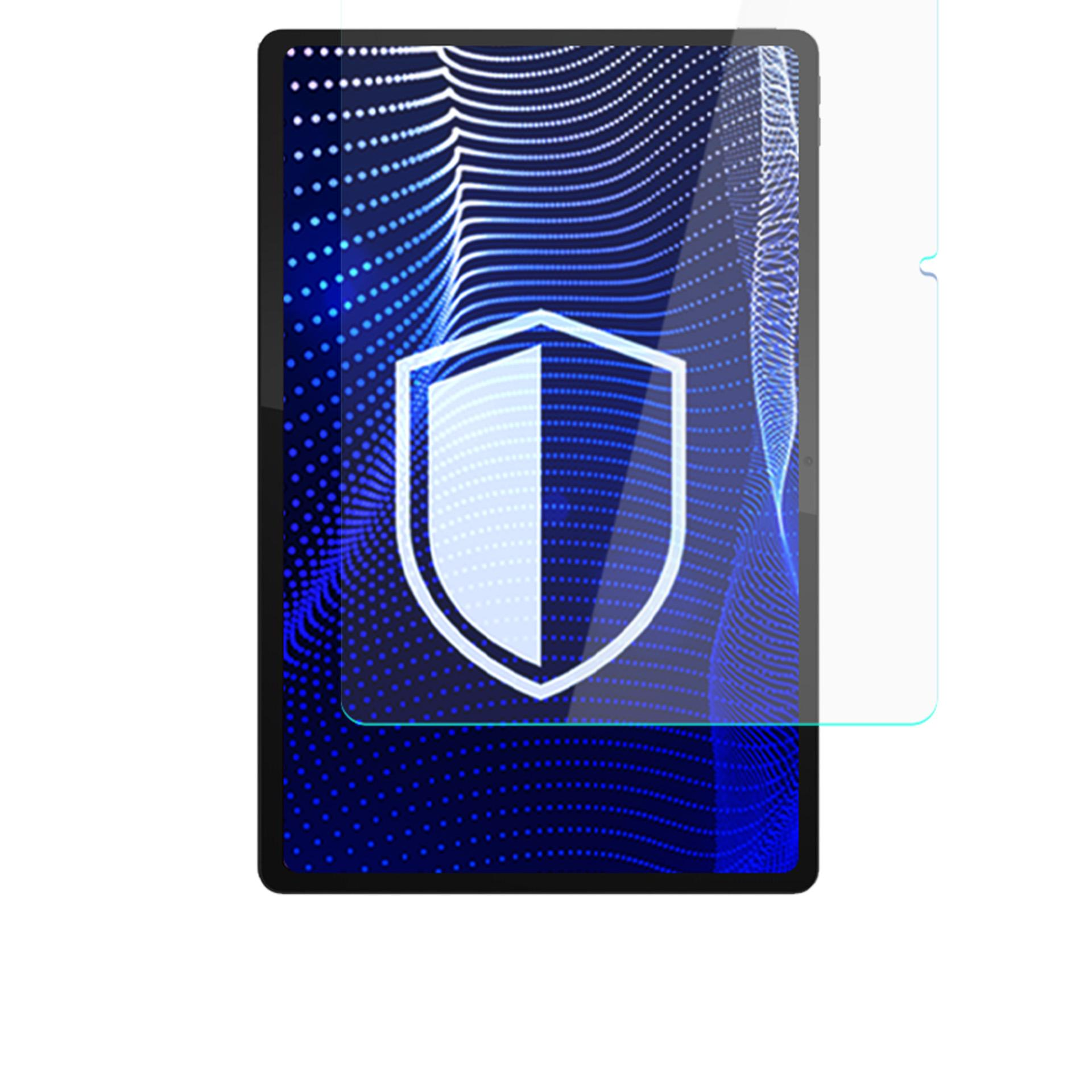 Tablet z ochraniaczem ekranu. Ekran pokazuje niebieski wzór w kropki z ikoną tarczy.