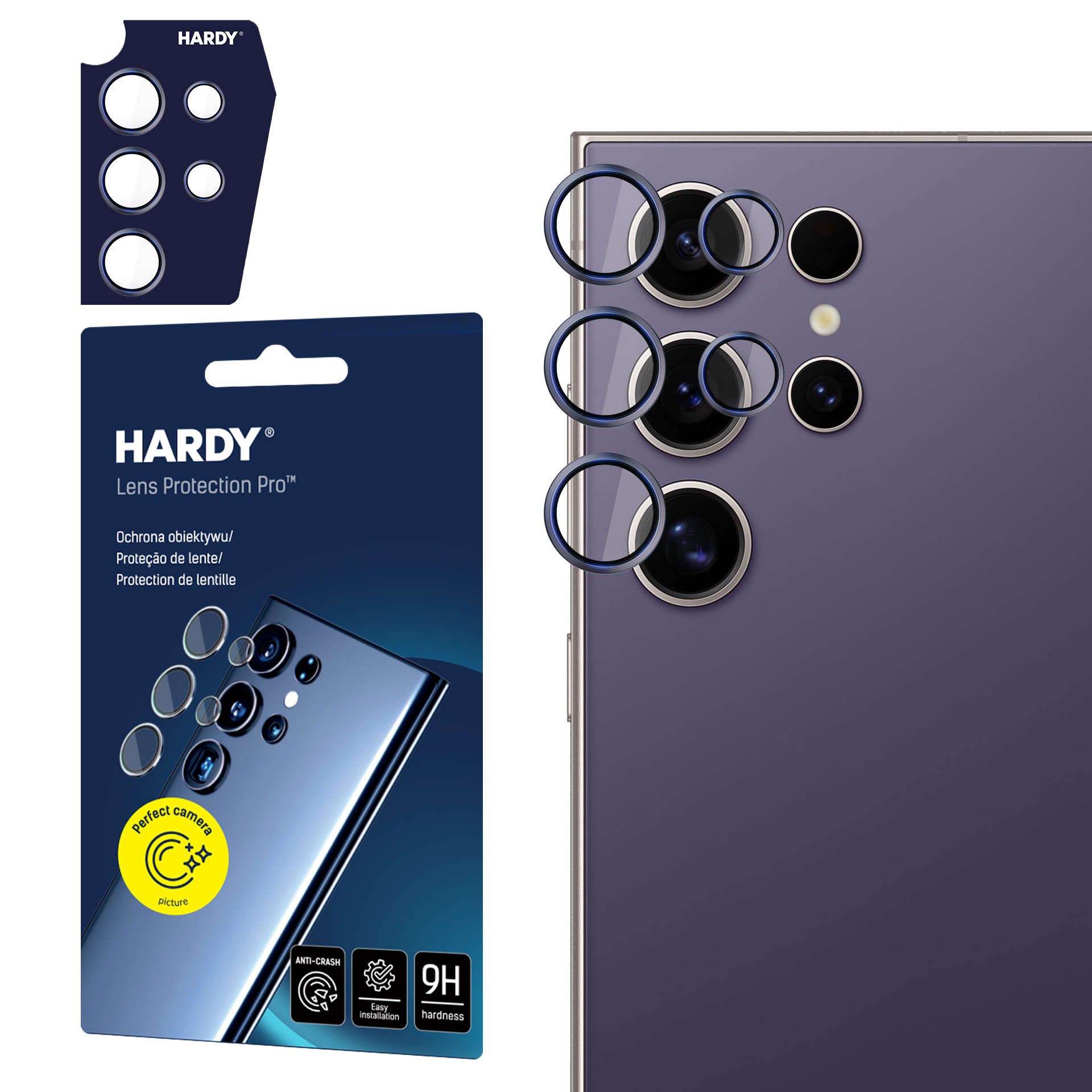 Un telefono con protezioni per lenti, una confezione con il marchio HARDY e una pellicola protettiva per le lenti della fotocamera.