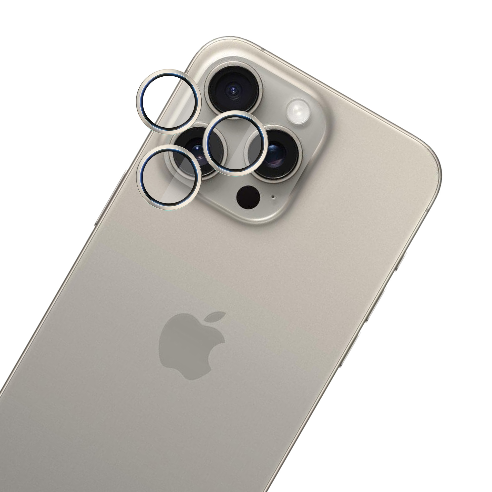 Srebrny tył iPhone'a z obiektywami aparatu. Pierścienie ochronne wokół każdego obiektywu. Widoczne logo Apple.