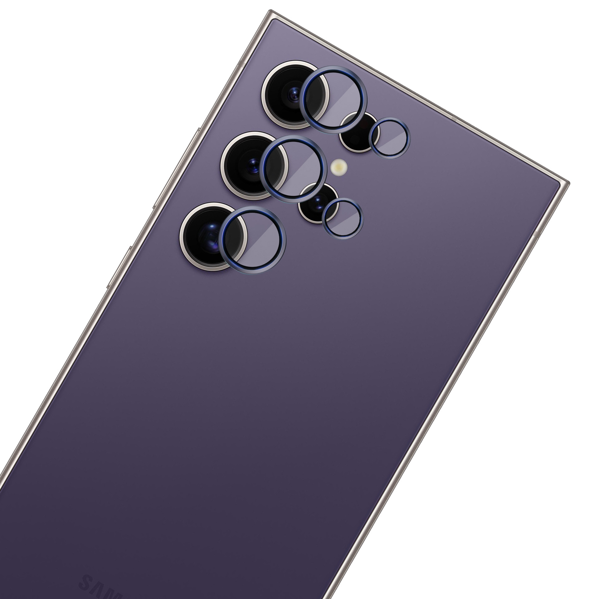 Retro di uno smartphone viola con più lenti della fotocamera. Il telefono ha una cornice argentata e un logo Samsung.