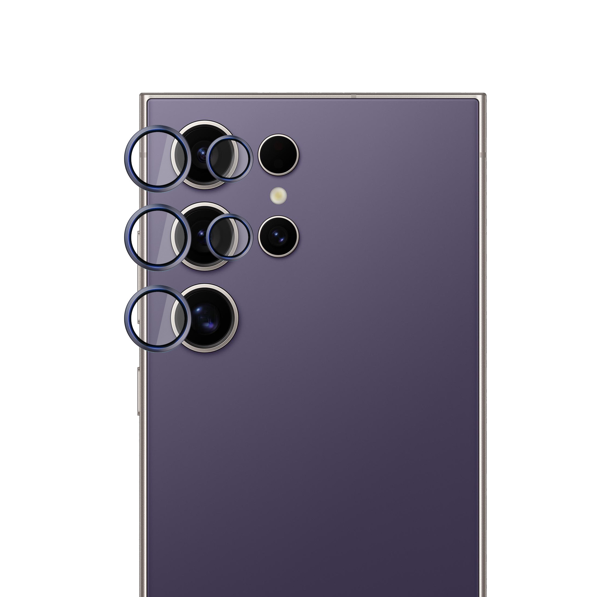 Un retro del telefono viola con più obiettivi della fotocamera. Le lenti hanno protezioni in vetro. Lo sfondo è bianco.