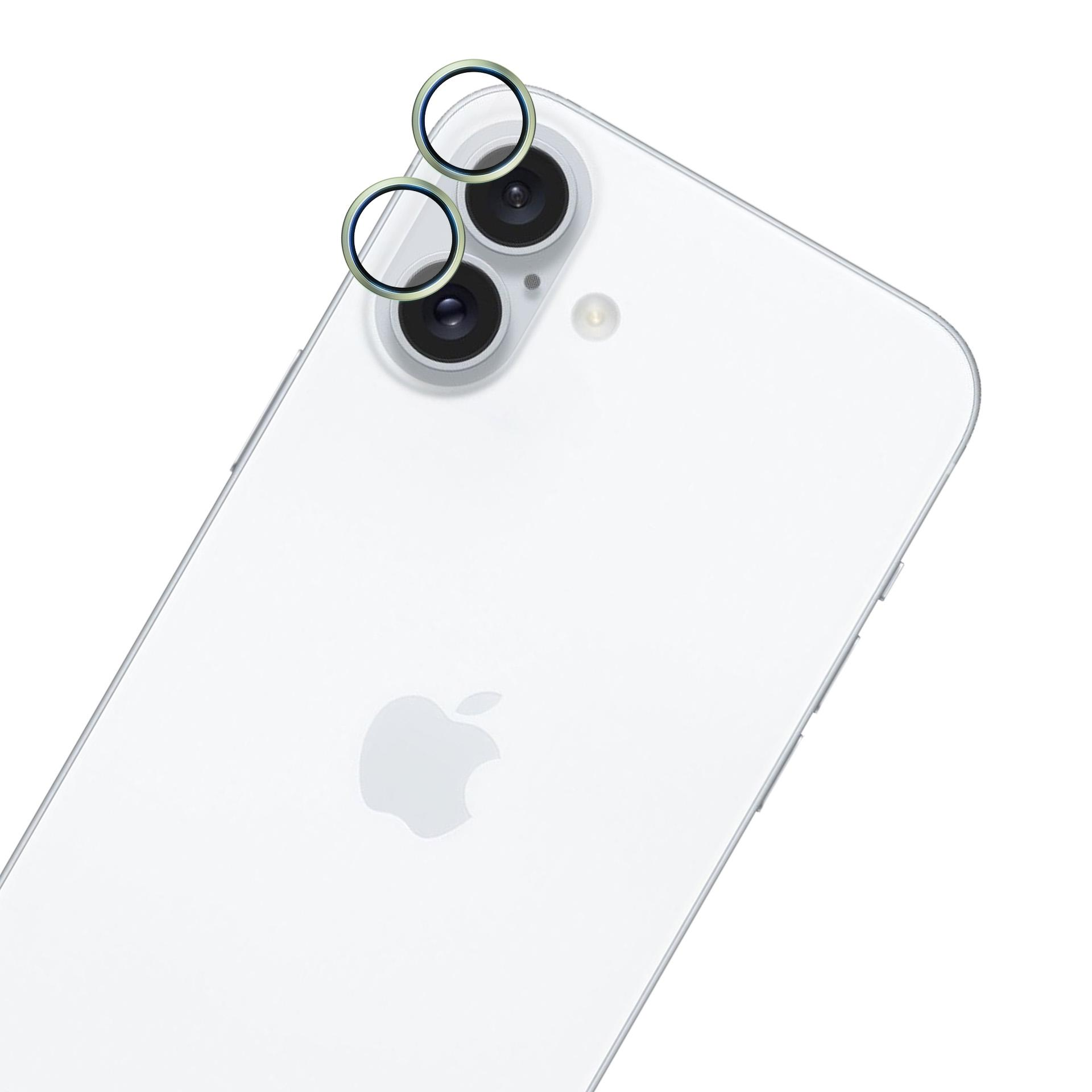 Retro di iPhone bianco con due lenti della fotocamera e anelli protettivi. Logo Apple visibile. Il telefono è su sfondo bianco.