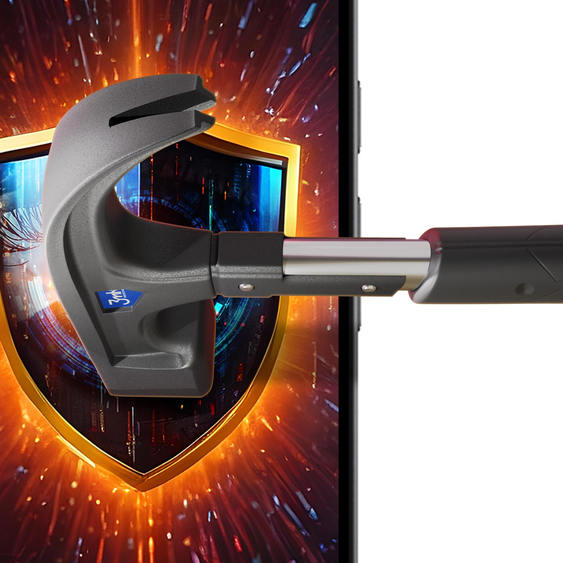 Młotek przebijający ekran telefonu, który wyświetla tarczę z ognistym tłem. Reprezentuje ochronę.