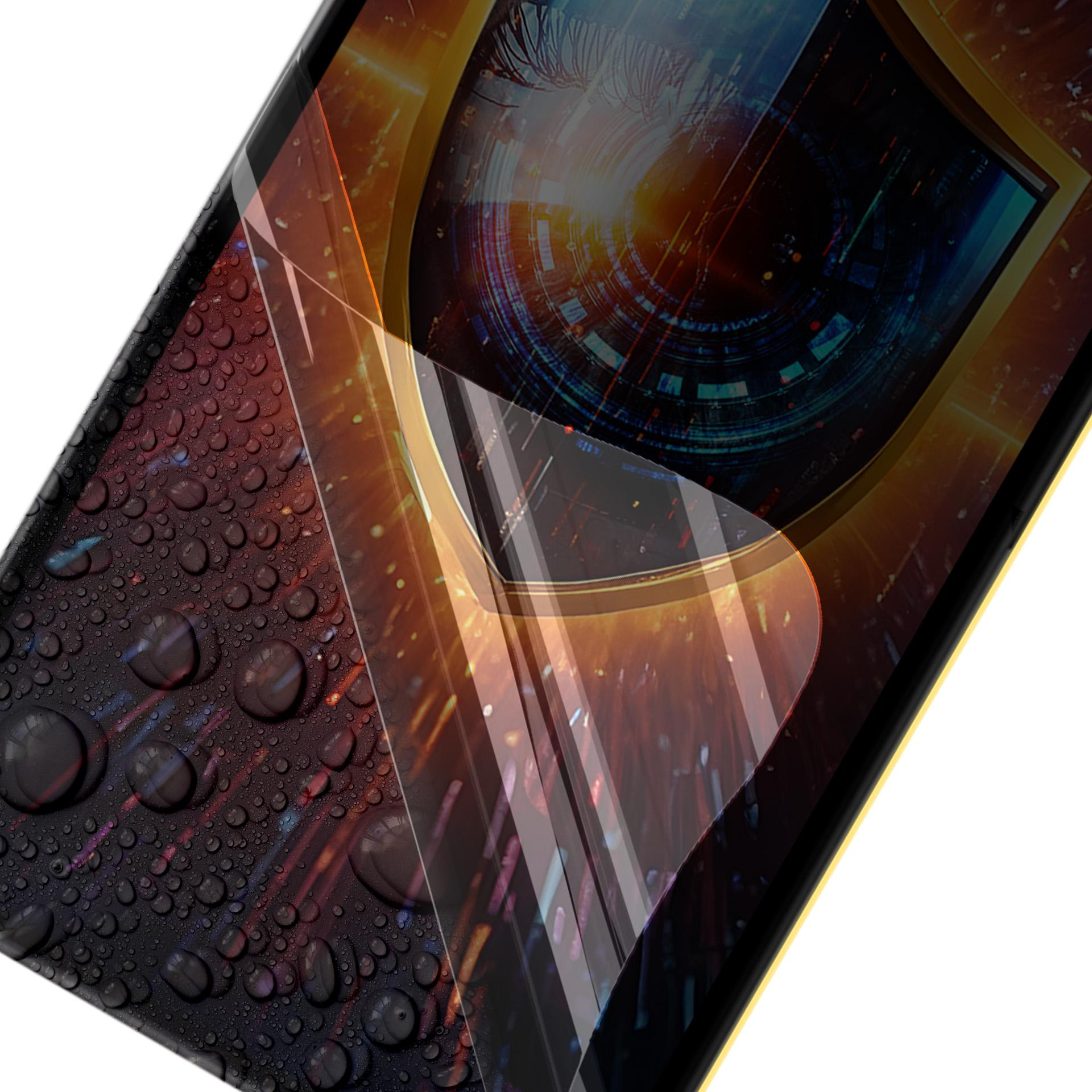 Zbliżenie telefonu lub tabletu. Ekran pokazuje grafikę oka. Krople wody pokrywają część powierzchni.