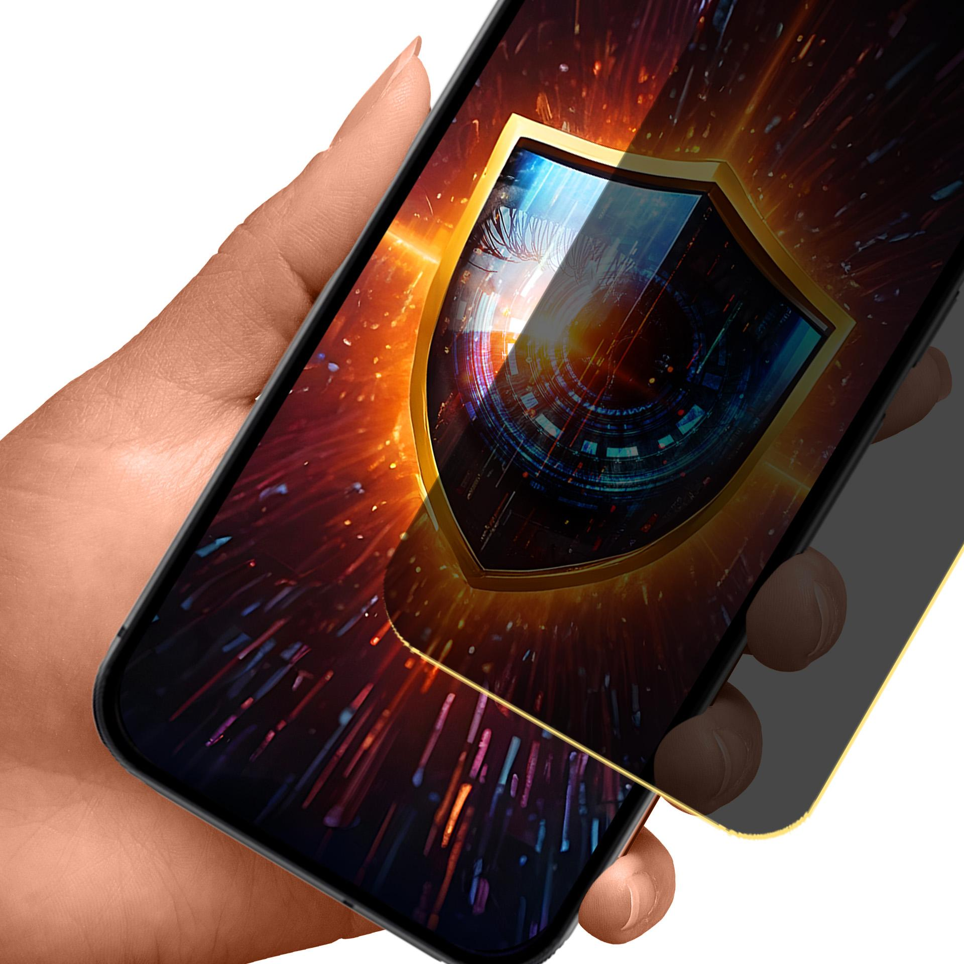 Dłoń trzyma telefon z ikoną tarczy na ekranie. Tło: kolorowy, abstrakcyjny wybuch światła.